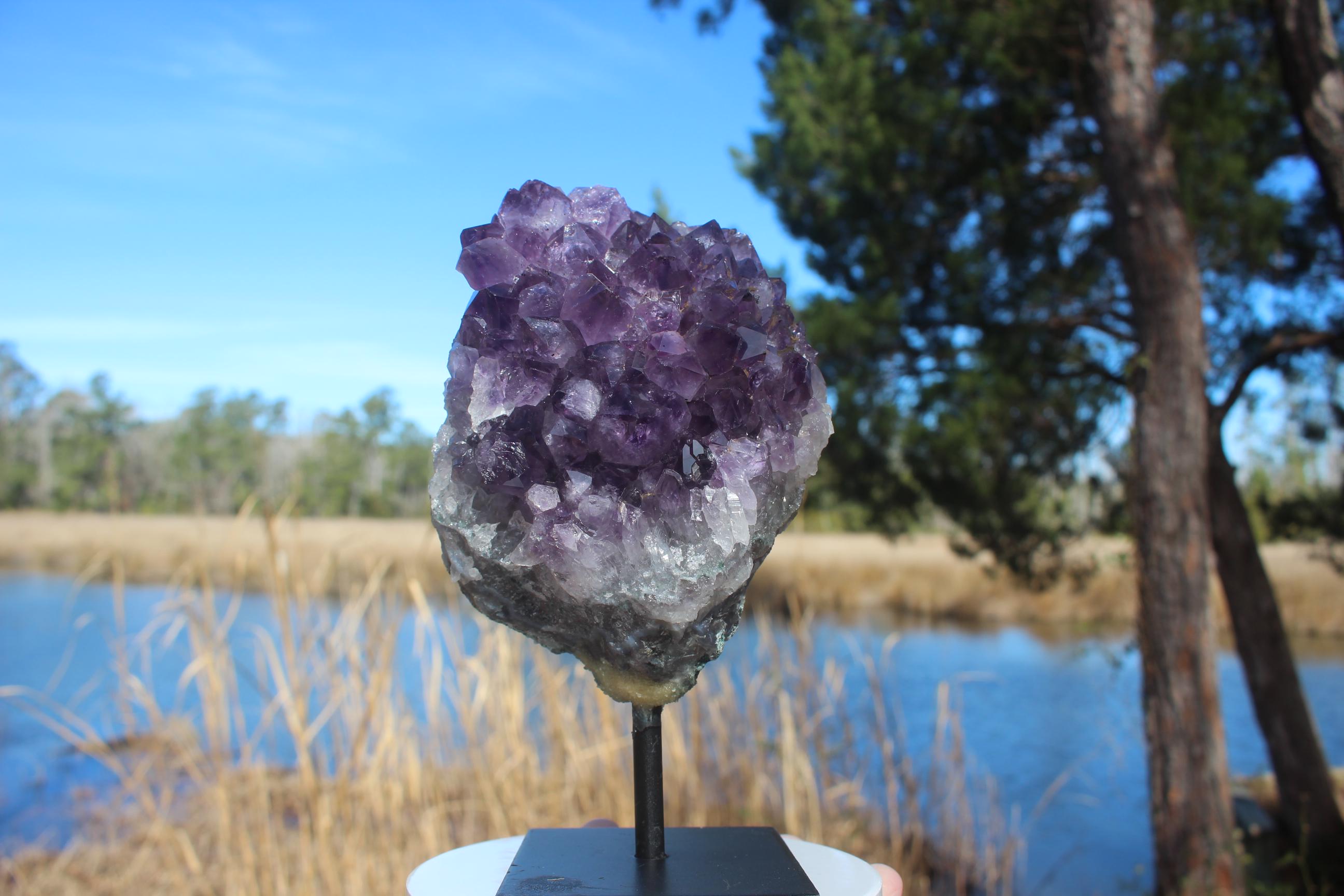 Amethyst Geode Crystal Cluster on Display Stand. Deep Purple Specimen. Large Amethyst Points, Meditation Room, Gemstone Display.