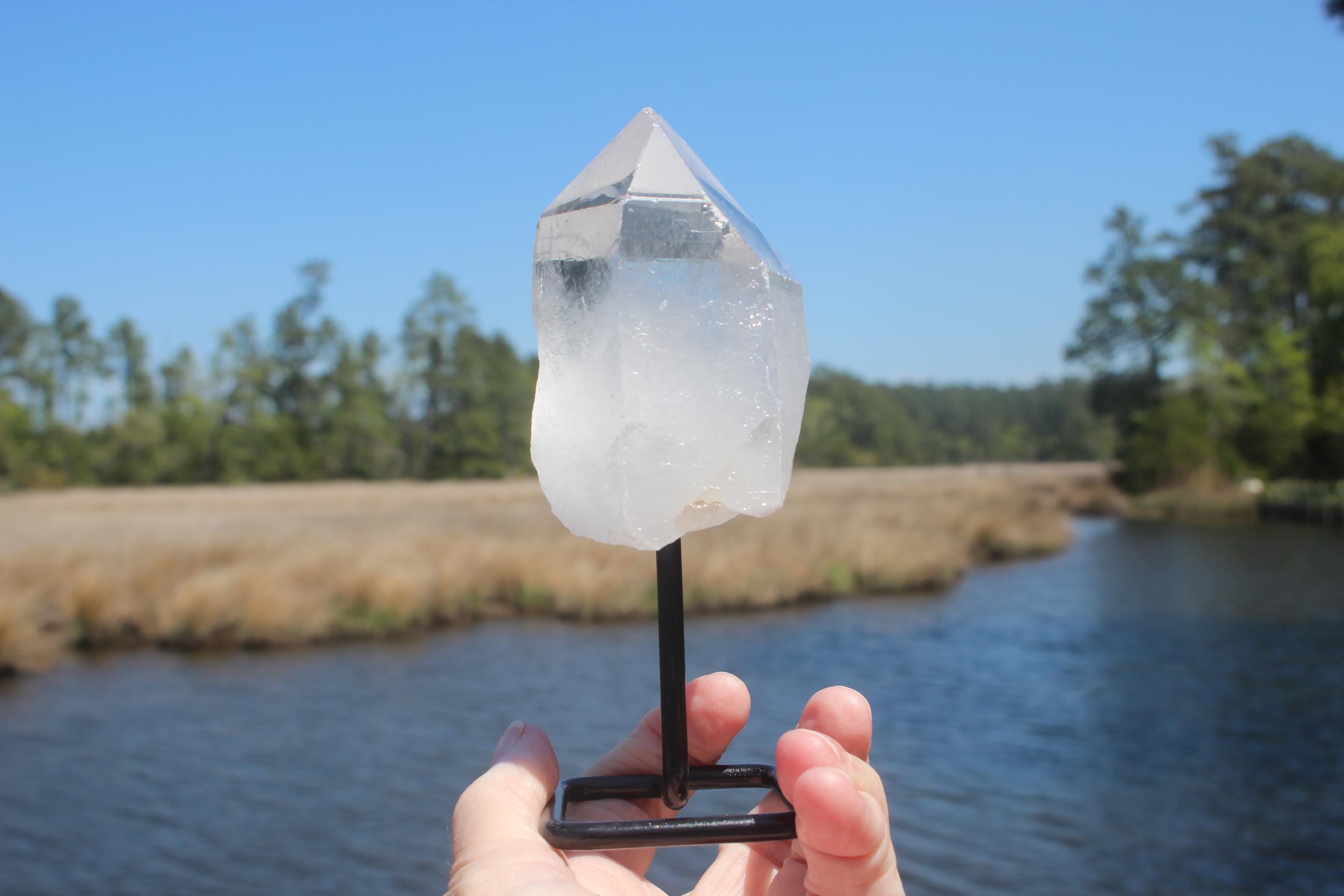 Large Quartz Crystal Cluster Point on Black Iron Display Stand, Raw Natural Specimen. Boho Home Décor, Yoga Meditation Rooms, Collections!