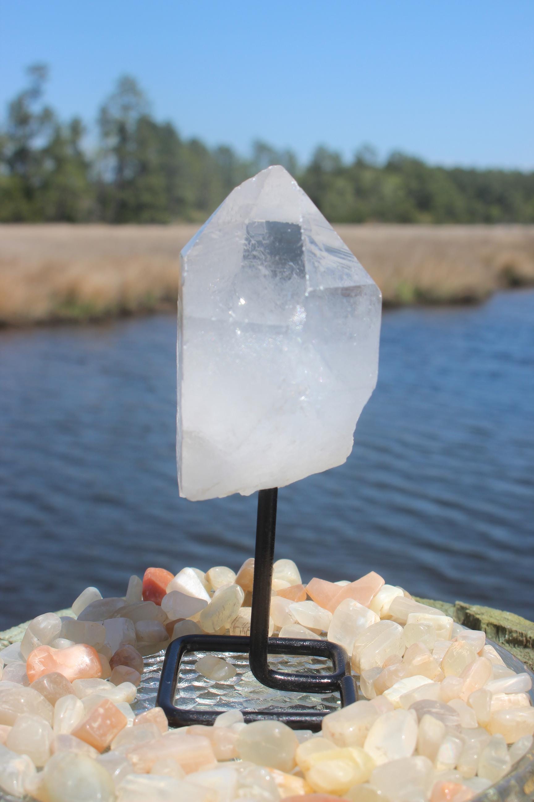 Large Quartz Crystal Cluster Point on Black Iron Display Stand, Raw Natural Specimen. Boho Home Décor, Yoga Meditation Rooms, Collections!