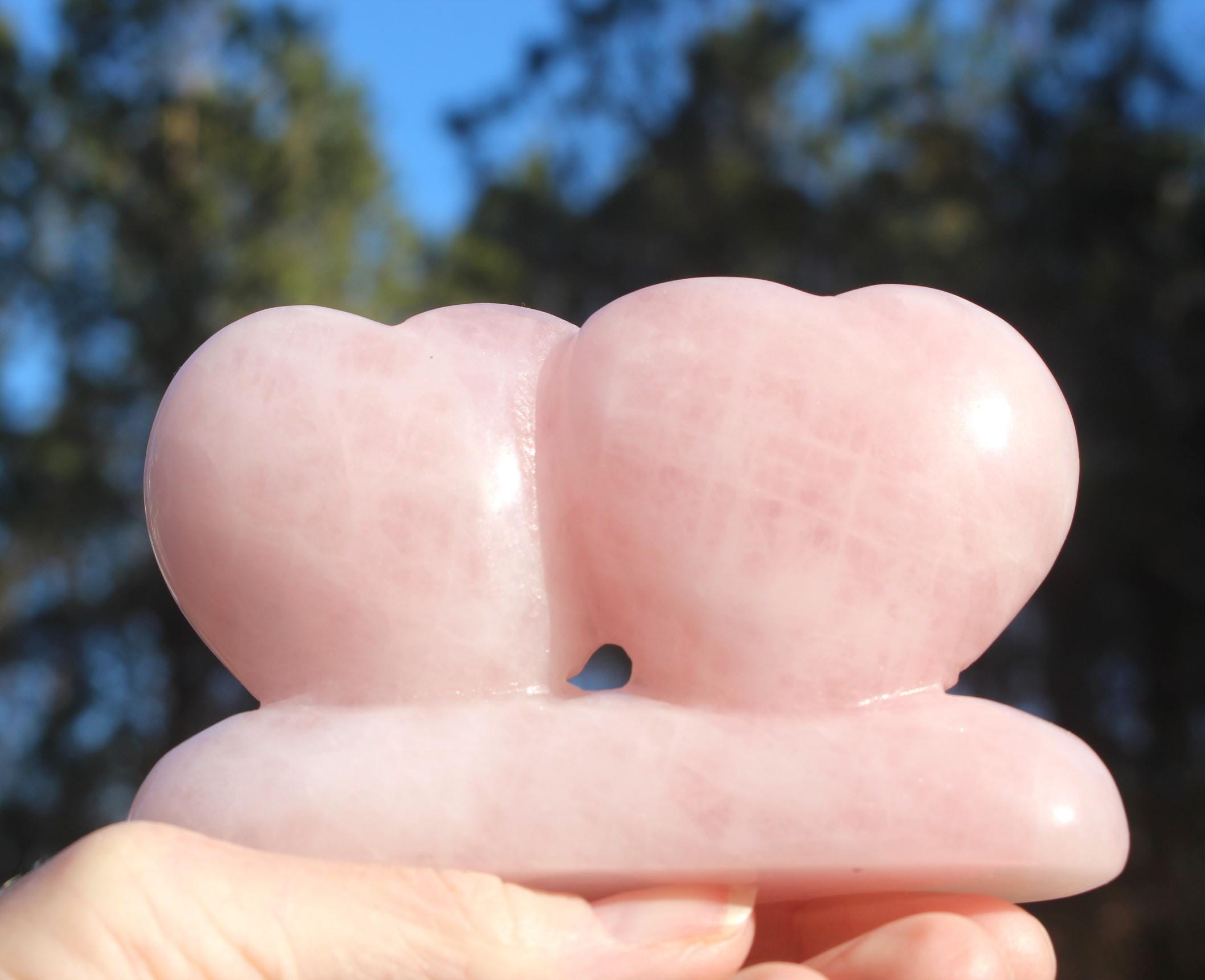 Large Double Rose Quartz Heart Gift, Sweet Carved Pink Quartz Gemstone, Gift for someone special. Very Nice Polish!