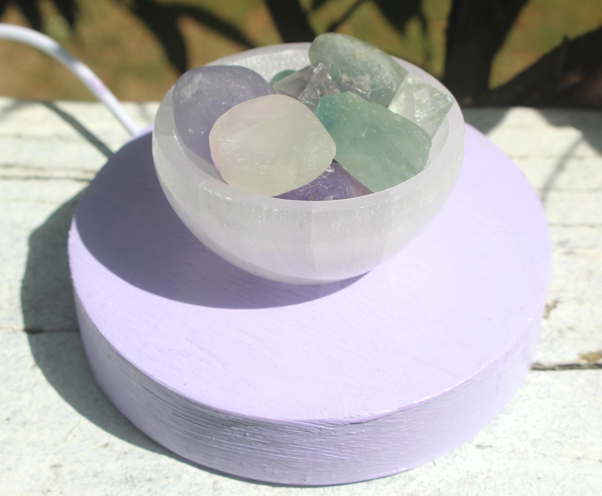 Lavender Fluorite Selenite Night Light, Polished Gemstones, Hand Painted Base, LED Lite w/ USB plug. Crystal Home Décor.