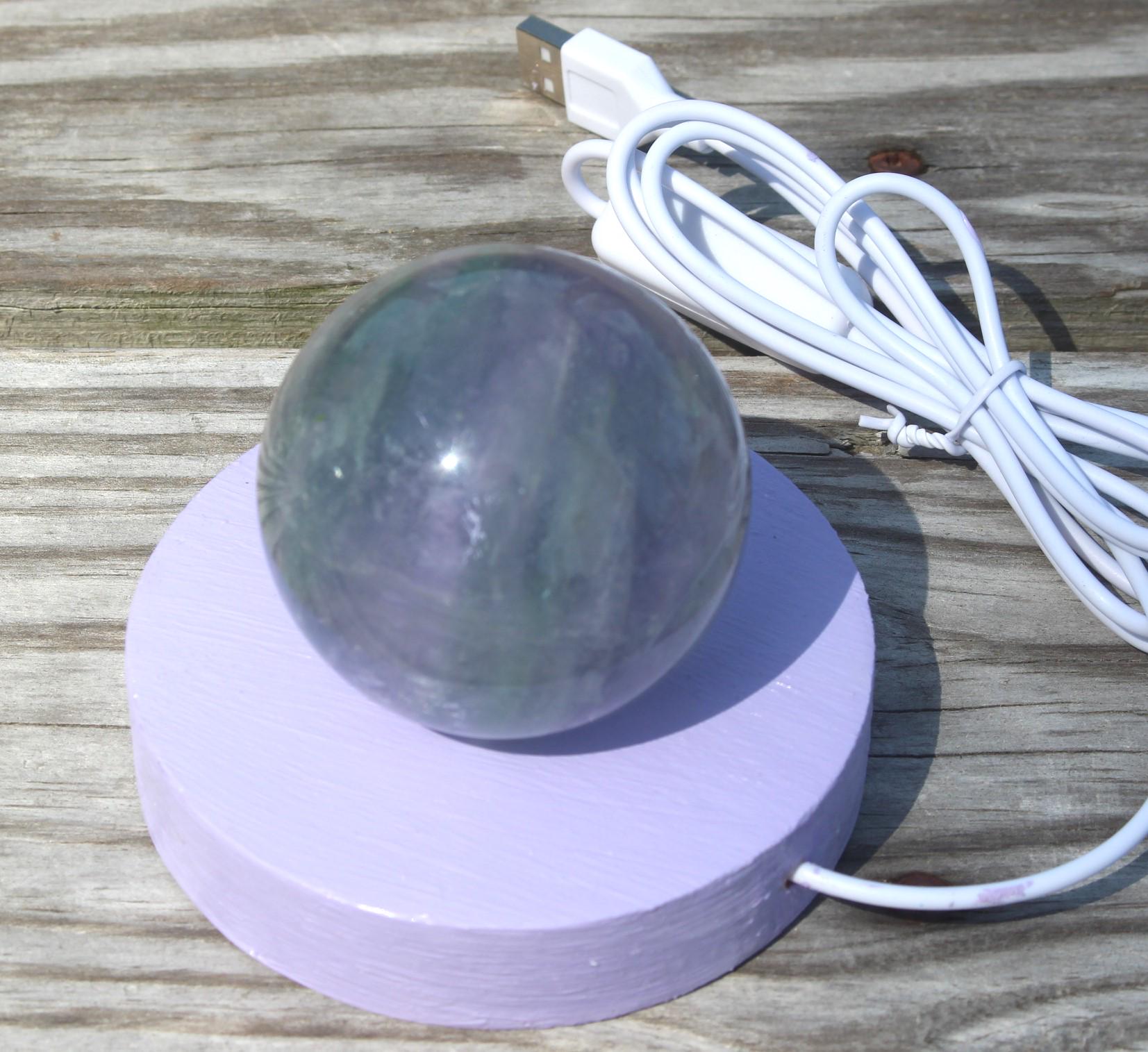 Fluorite Crystal Ball Night Light, Hand Painted Lavender Wooden Frame, LED Nite Lite USB plug. Coastal Home Decor