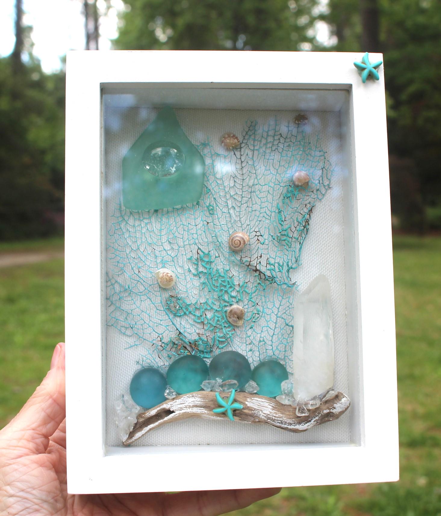 Ocean Themed Shadow Box, Handmade Shell Driftwood Coastal Home Décor. Island Life Art. Teal Sea Fan- Quartz Crystal Wall Décor, Sea Glass Art.