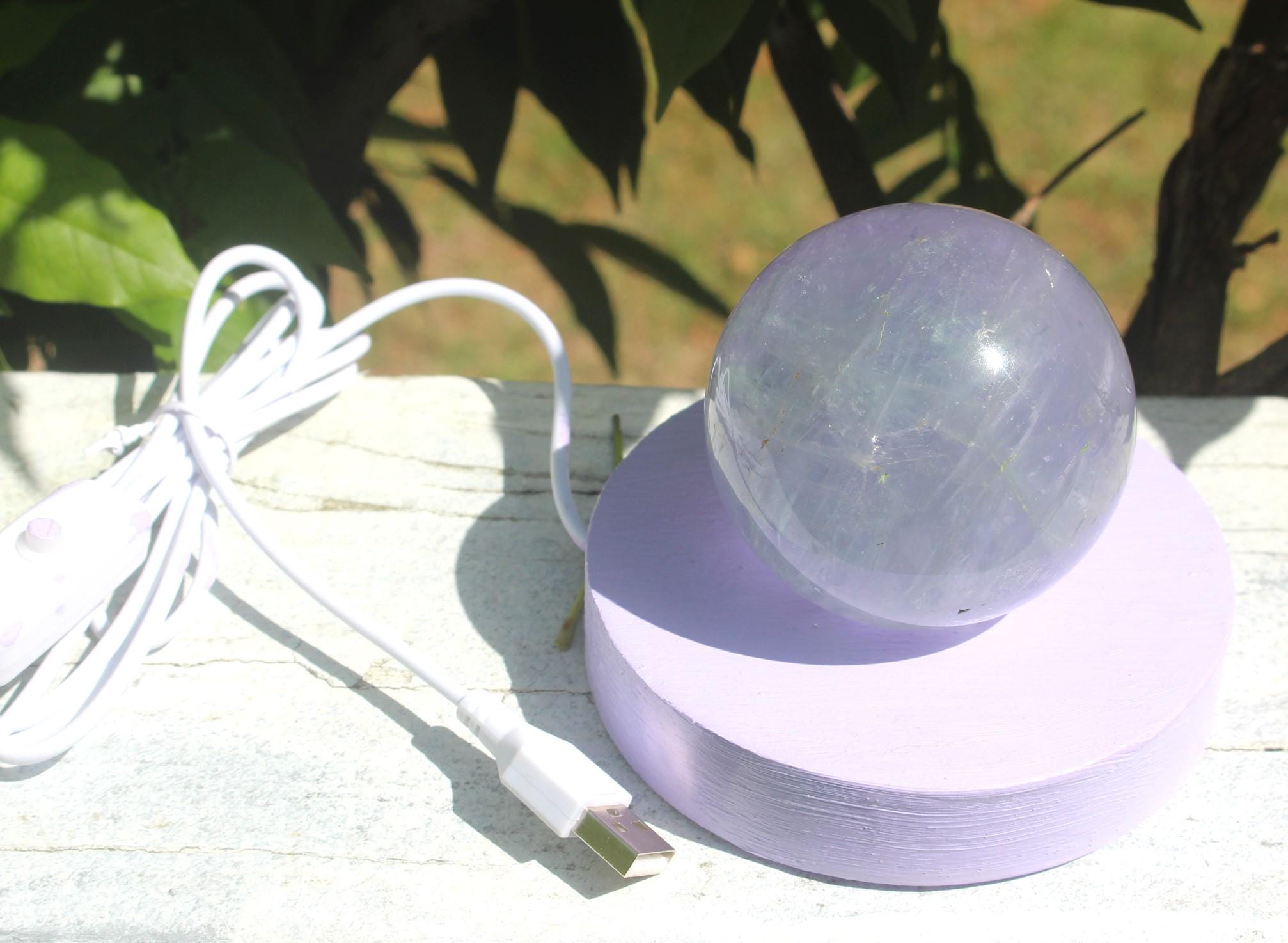 Fluorite Crystal Ball Night Light, Hand Painted Lavender Wooden Frame, LED Nite Lite USB plug. Coastal Home Decor