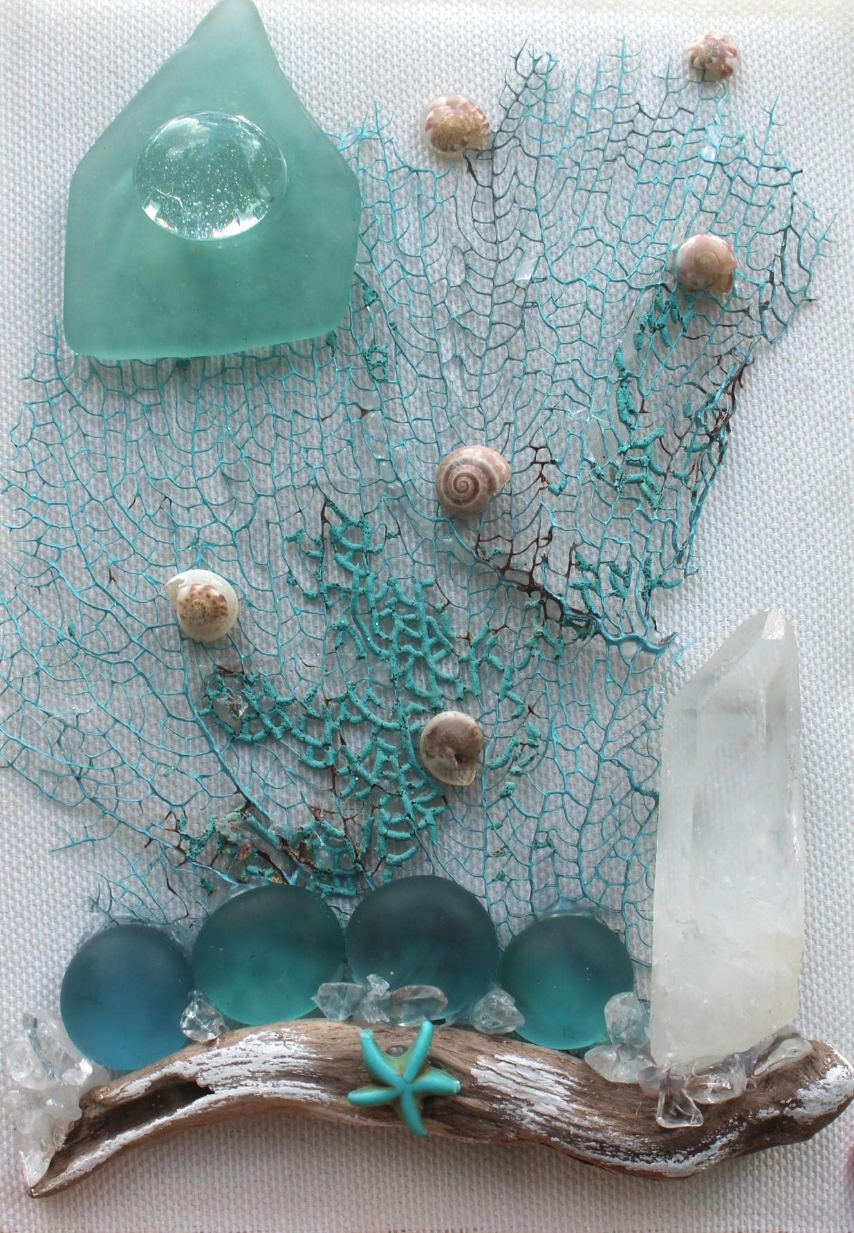 Ocean Themed Shadow Box, Handmade Shell Driftwood Coastal Home Décor. Island Life Art. Teal Sea Fan- Quartz Crystal Wall Décor, Sea Glass Art.