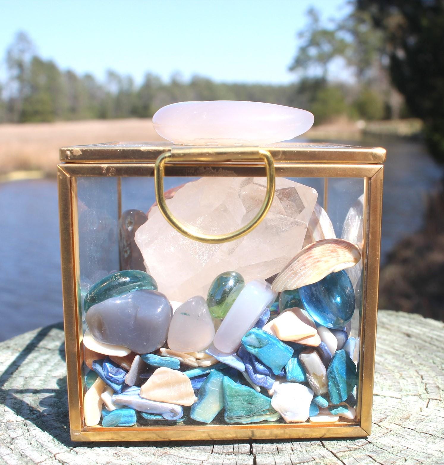 Quartz & Shells Crystal Terrarium Box, Agate Carved Moon, Handmade, Double Term Crystal, Abalone Shells, Glass Trinkets, Magical Beachy Nature Gift.