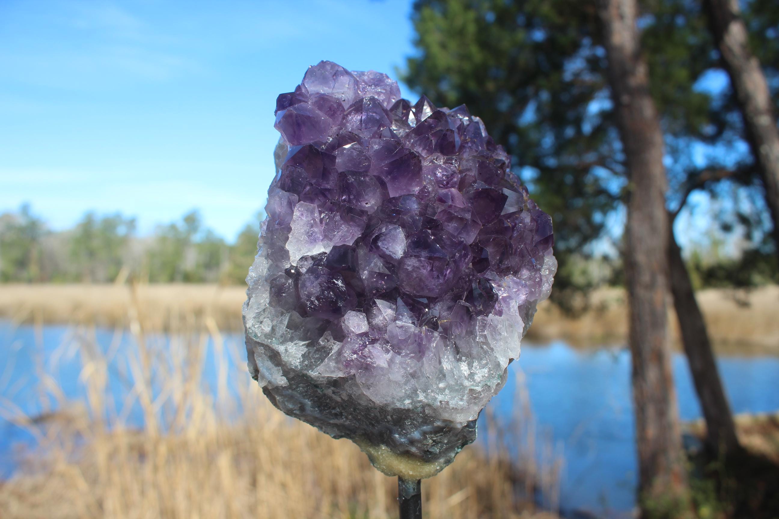 Amethyst Geode Crystal Cluster on Display Stand. Deep Purple Specimen. Large Amethyst Points, Meditation Room, Gemstone Display.