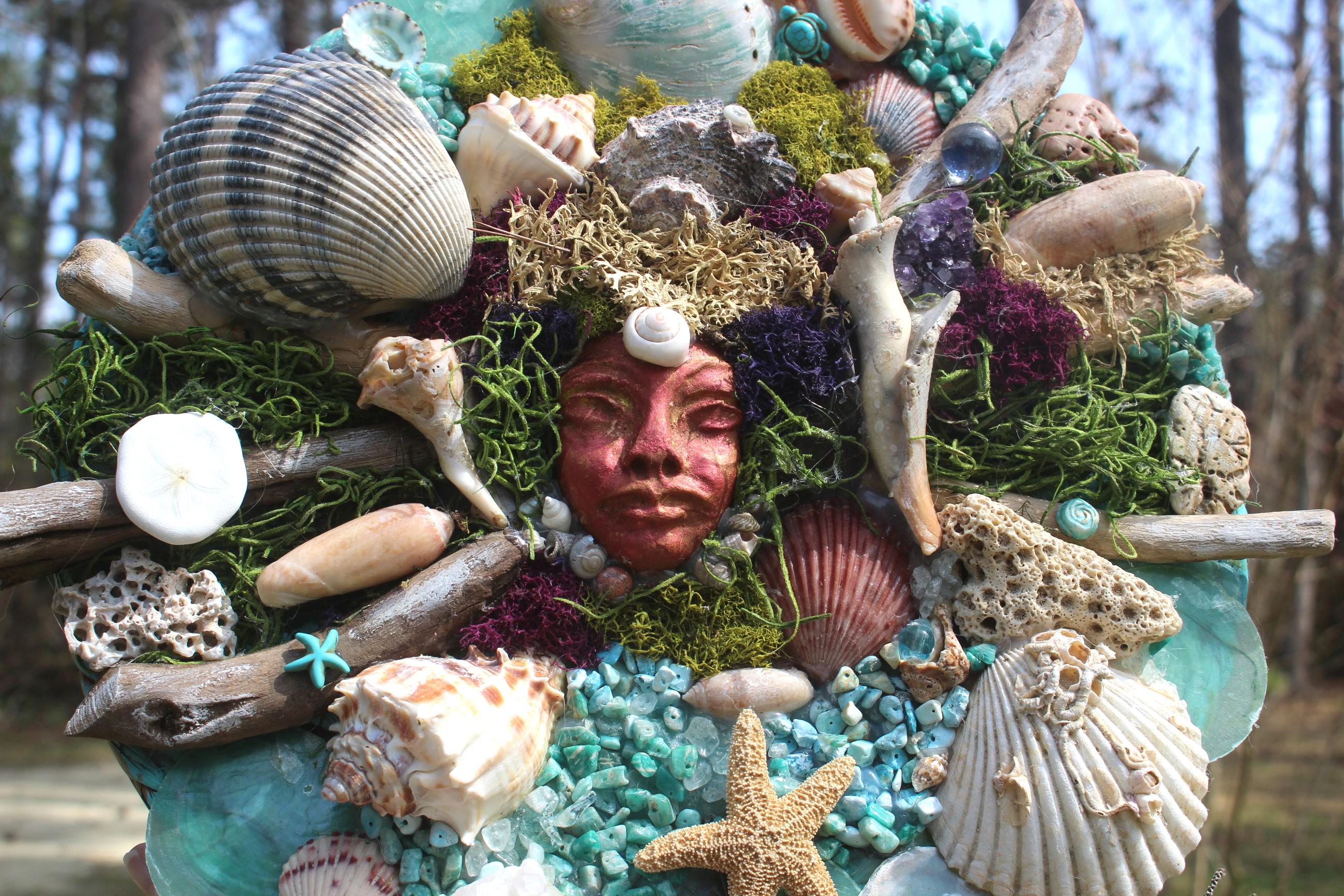 Mermaid Shell Driftwood Canvas Wall Art Décor, Original Coastal Art Collage, Mermaid Goddess, Titled Queen of the Deep 12 in.