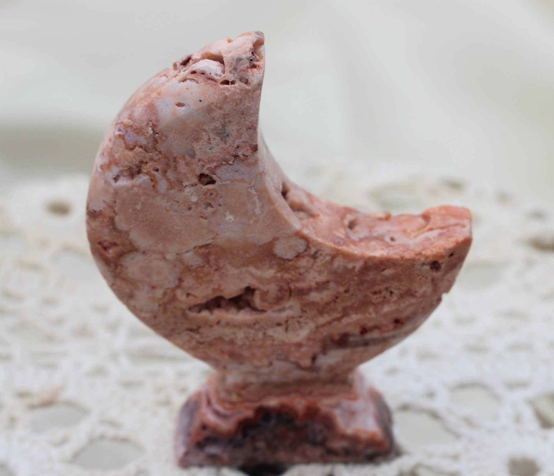 Crazy Lace Agate Moon Goddess Carvings Self Standing, Agate with Druzy Moon Figurines for Altars, Ceremonies and Spiritual Home Decor.