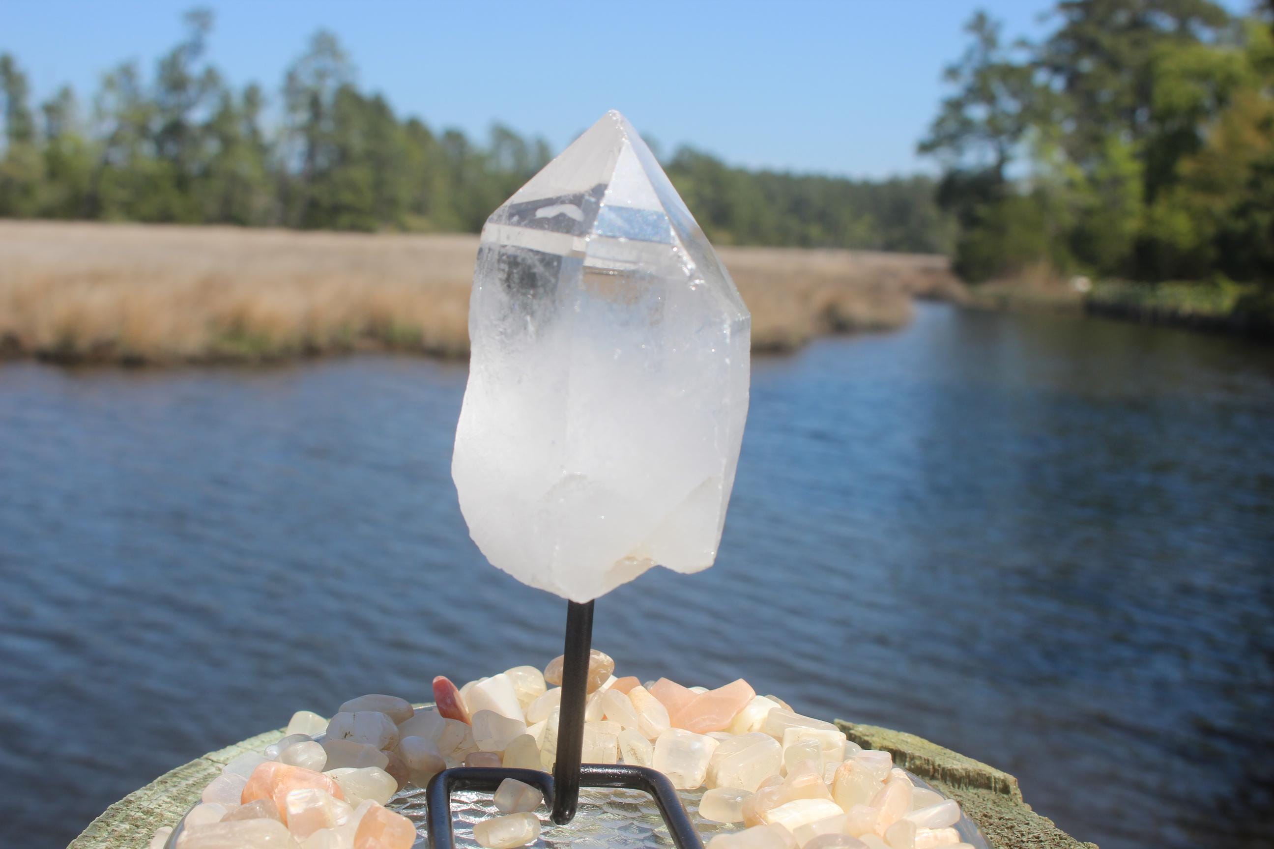 Large Quartz Crystal Cluster Point on Black Iron Display Stand, Raw Natural Specimen. Boho Home Décor, Yoga Meditation Rooms, Collections!