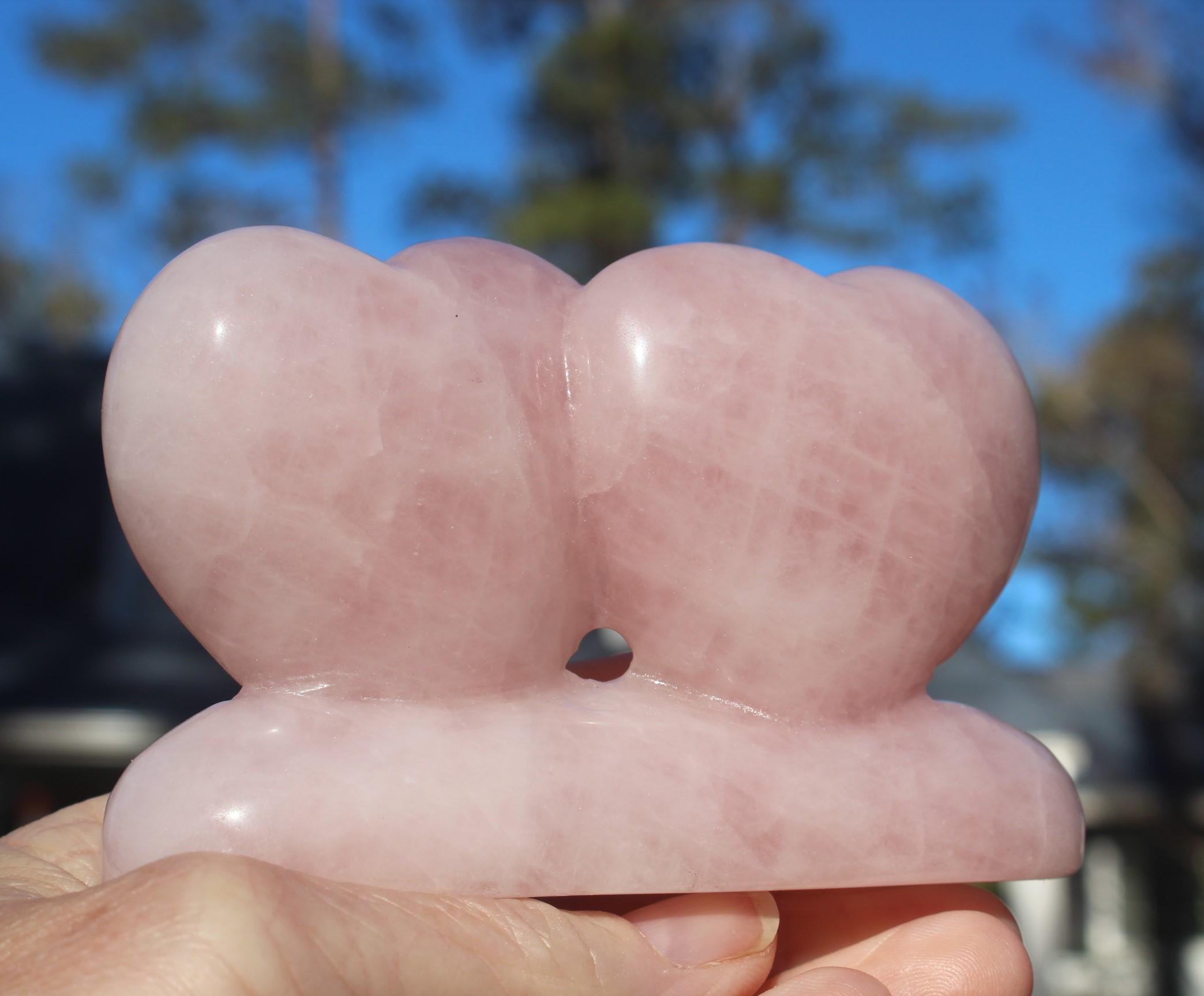 Large Double Rose Quartz Heart Gift, Sweet Carved Pink Quartz Gemstone, Gift for someone special. Very Nice Polish!