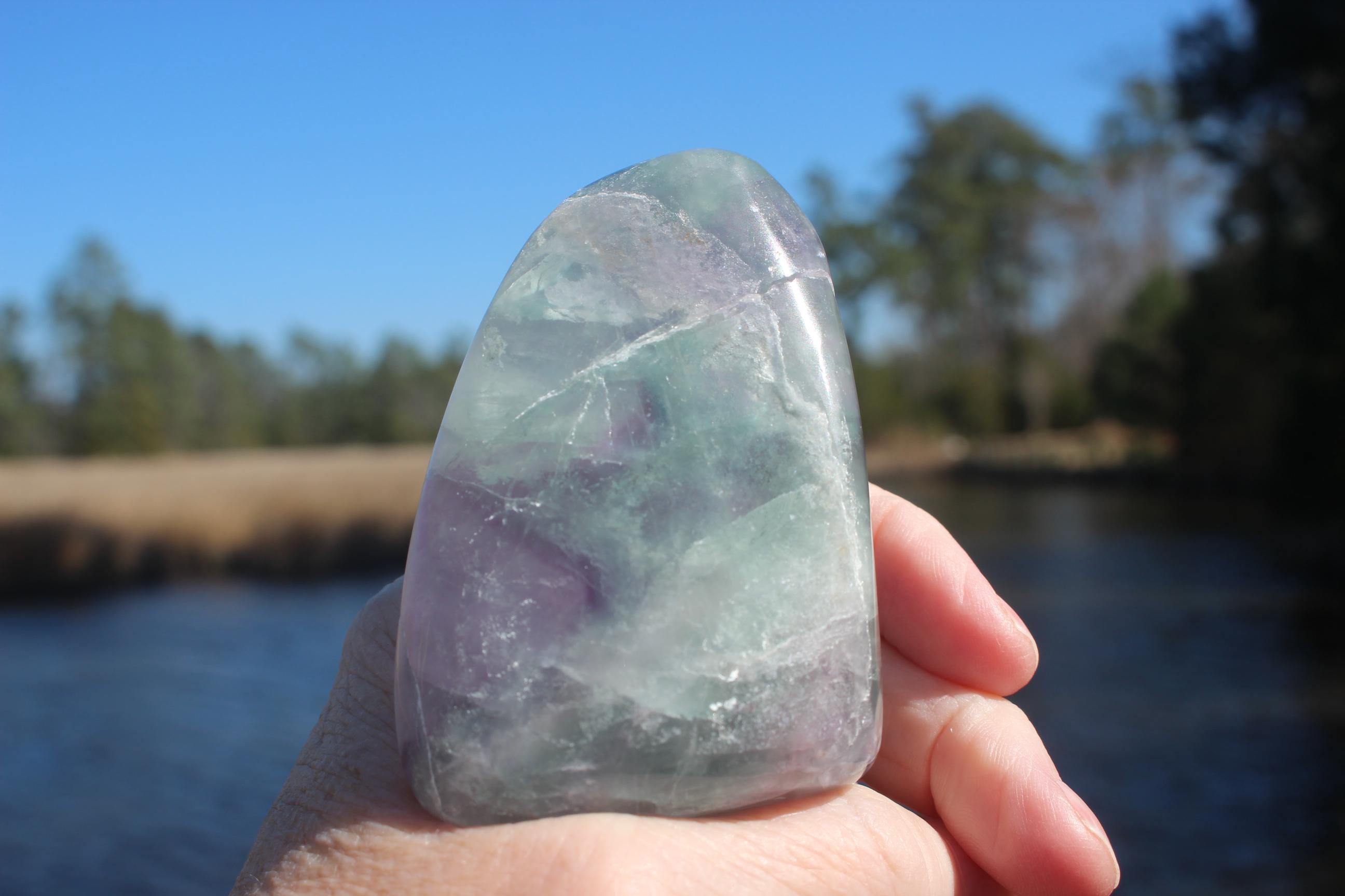 Large Free Form Fluorite Crystal Rock Specimen, Polished Fluorite Gemstone, Purple Green Translucent Gem. Great Buy!