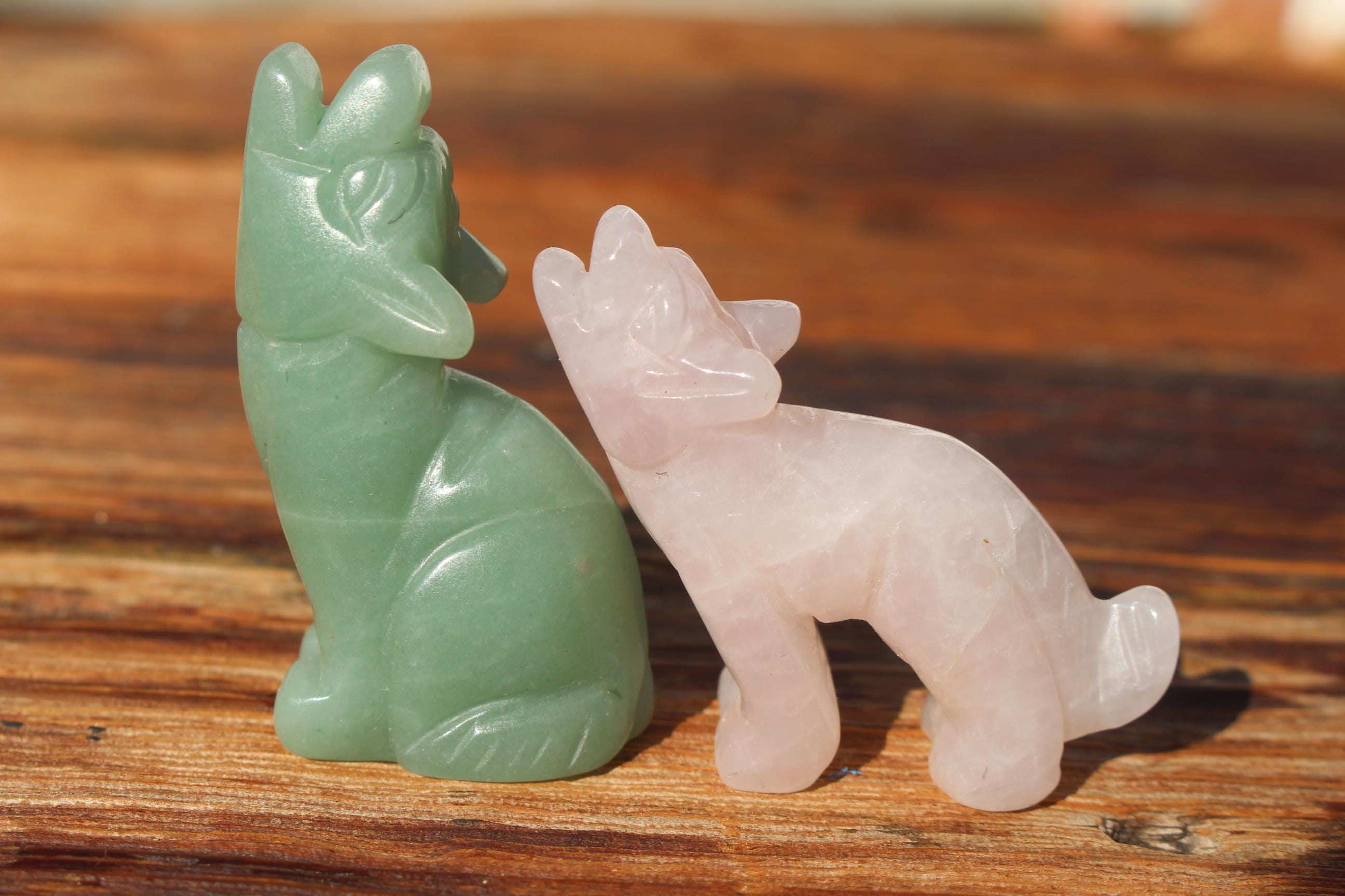 Pair of Rose Quartz and Aventurine Gemstone Howling Wolves, Beautiful Devoted Pair. Lovely Gift.