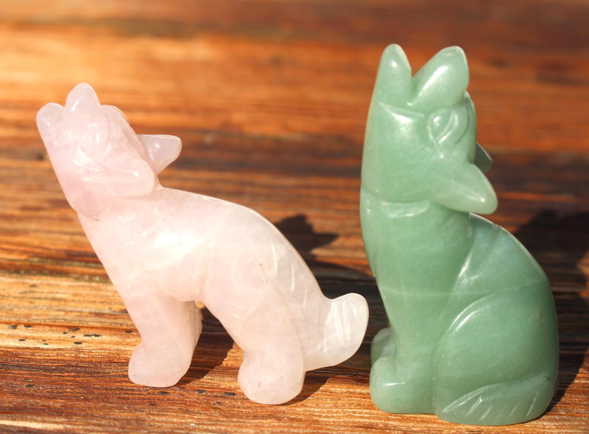 Pair of Rose Quartz and Aventurine Gemstone Howling Wolves, Beautiful Devoted Pair. Lovely Gift.