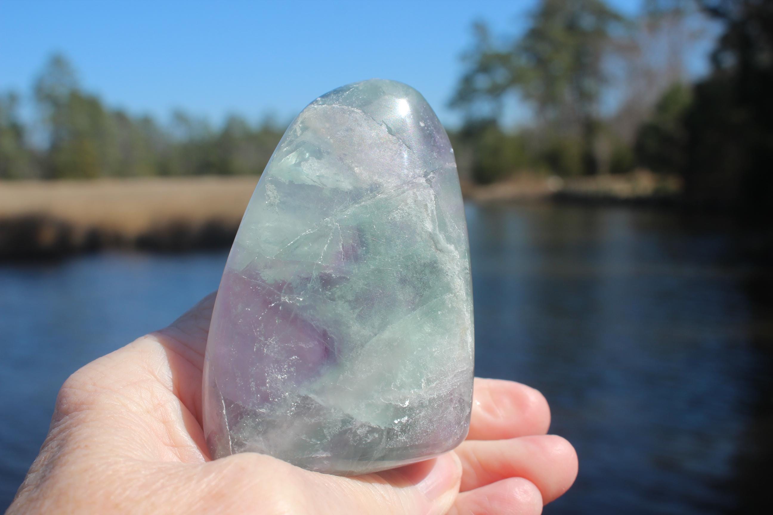 Large Free Form Fluorite Crystal Rock Specimen, Polished Fluorite Gemstone, Purple Green Translucent Gem. Great Buy!