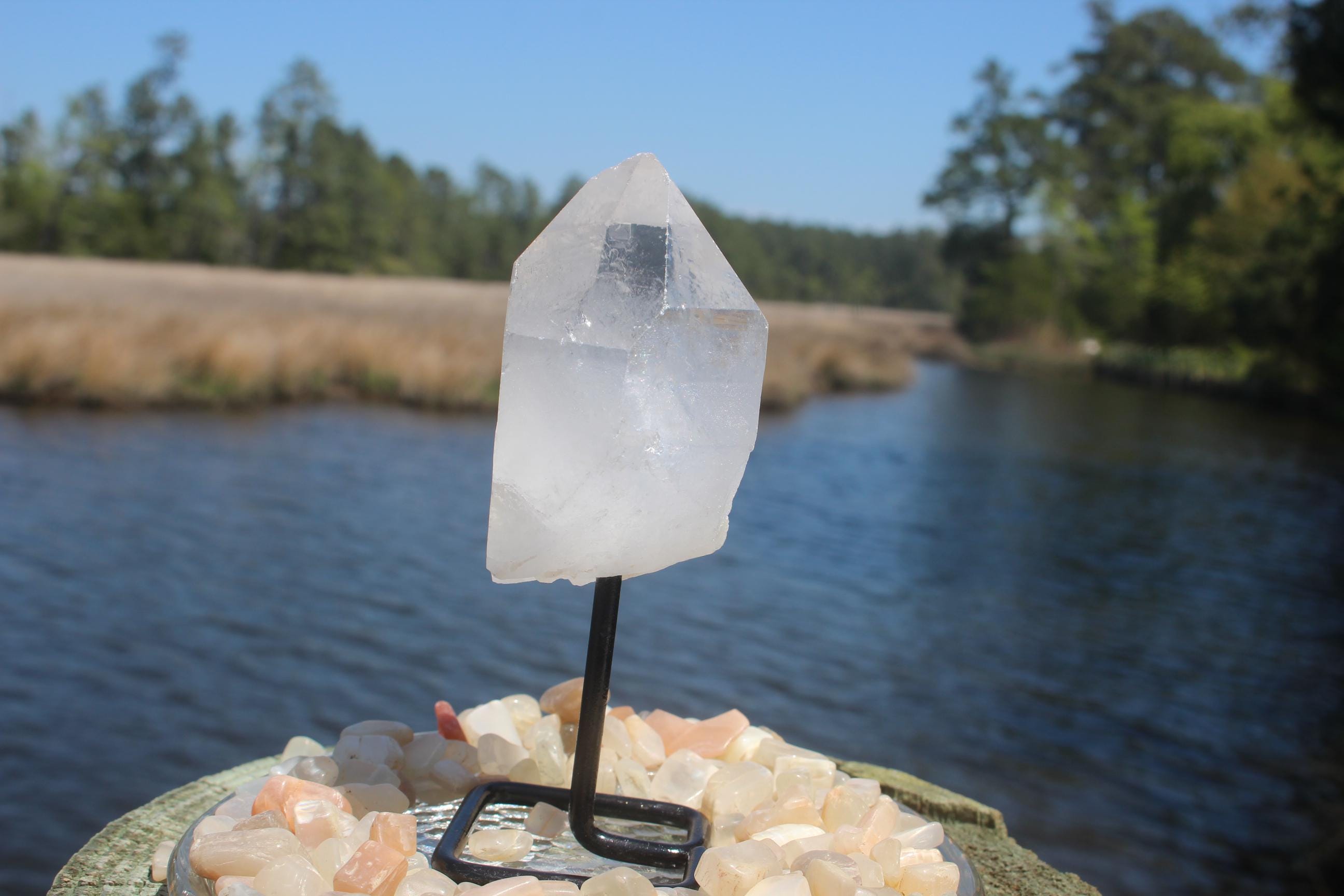 Large Quartz Crystal Cluster Point on Black Iron Display Stand, Raw Natural Specimen. Boho Home Décor, Yoga Meditation Rooms, Collections!