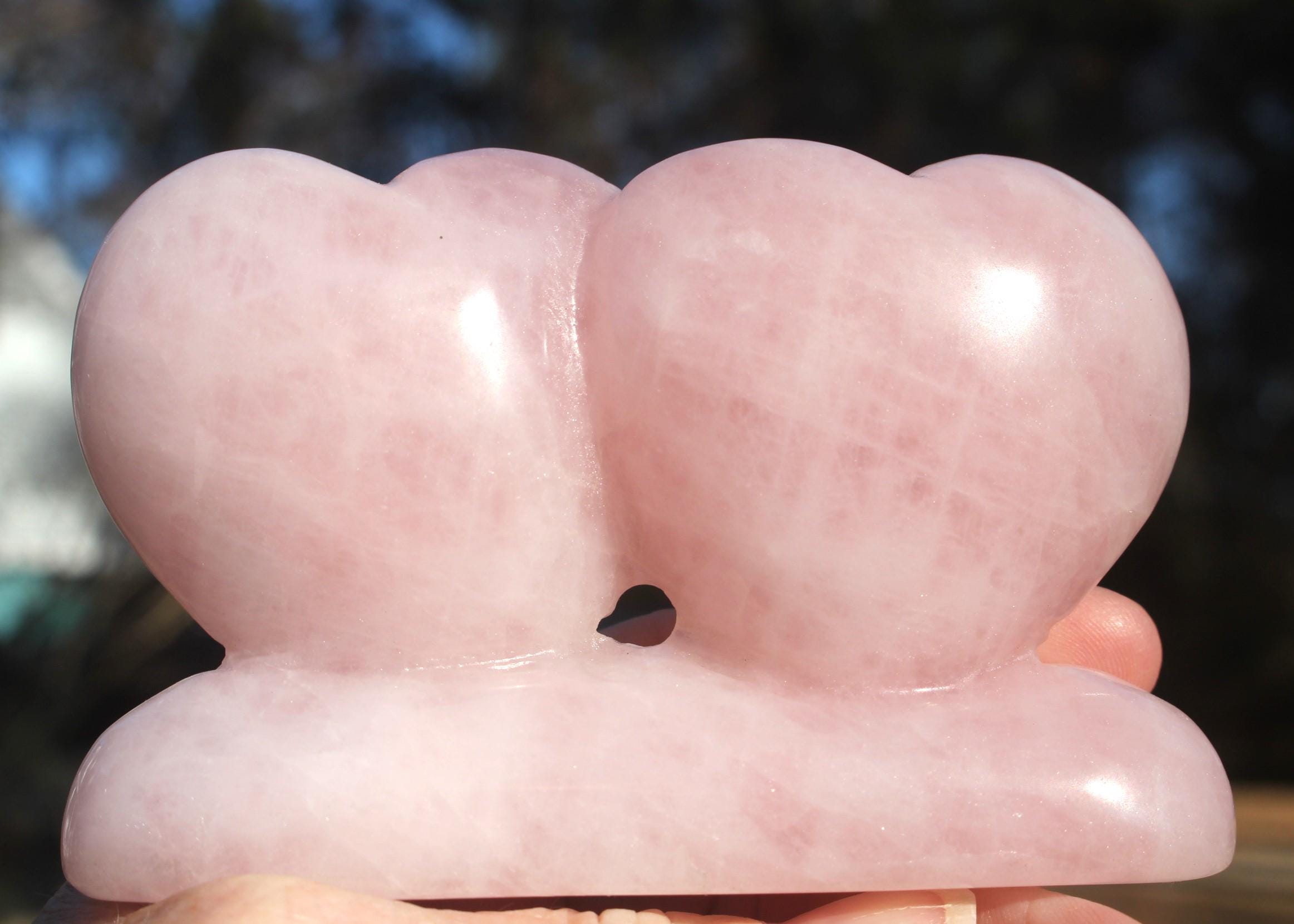 Large Double Rose Quartz Heart Gift, Sweet Carved Pink Quartz Gemstone, Gift for someone special. Very Nice Polish!