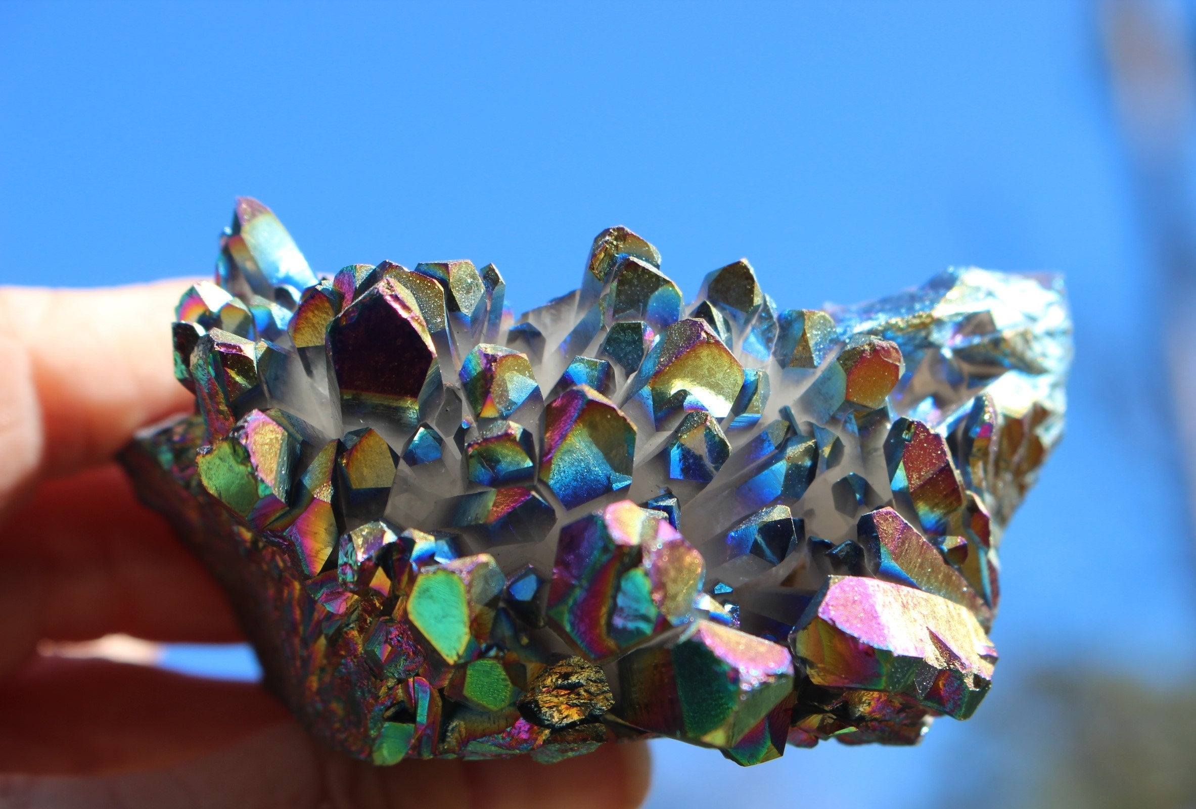 Titanium Aura Quartz Crystal Cluster, Large Rainbow Flame Angel Aura Quartz, Galactic Metallic Collectible. Free Shipping!