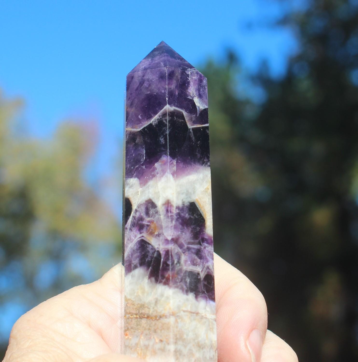 Chevron Amethyst Terminated Point/Wand. Purple Tower, Polished Crystal Obelisk High Quality.