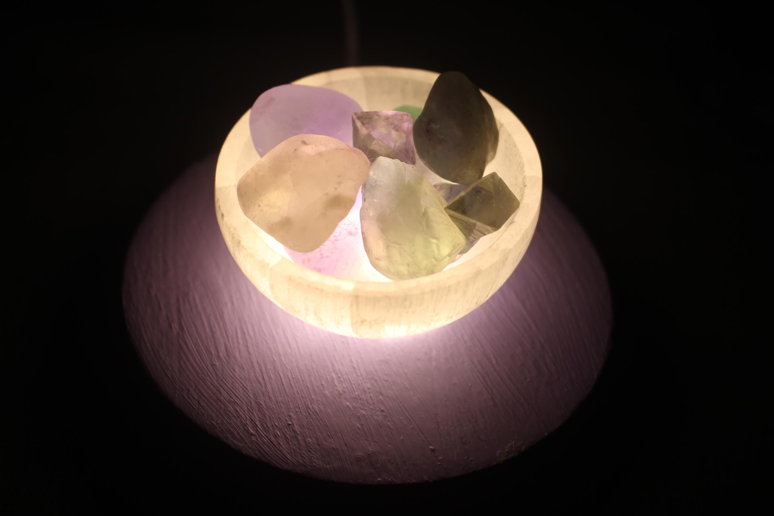 Lavender Fluorite Selenite Night Light, Polished Gemstones, Hand Painted Base, LED Lite w/ USB plug. Crystal Home Décor.