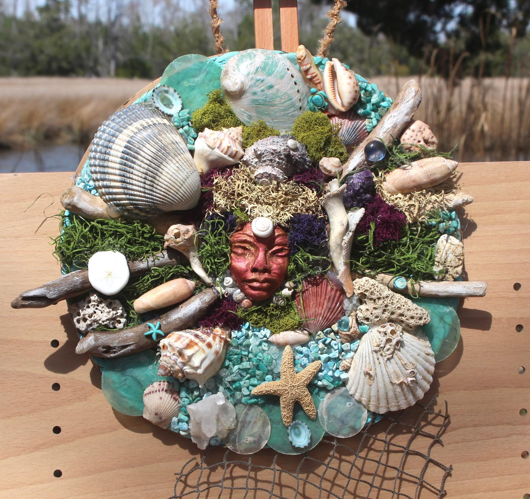 Mermaid Shell Driftwood Canvas Wall Art Décor, Original Coastal Art Collage, Mermaid Goddess, Titled Queen of the Deep 12 in.