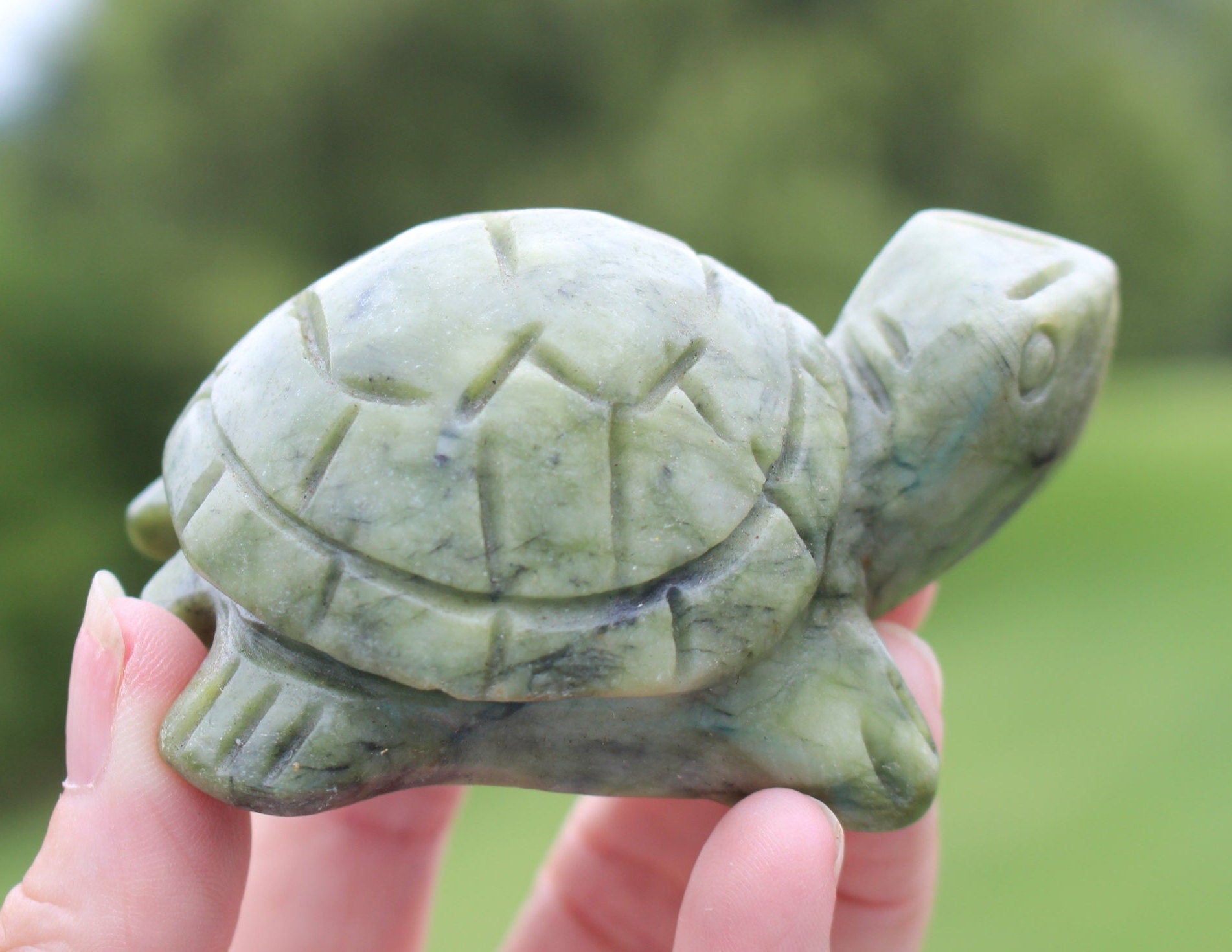 Carved Gemstone Turtle Figurine, Green Serpentine Totem, Ex Large Woodland Animal, for Terrariums, Crystal Home Décor. Collectible.