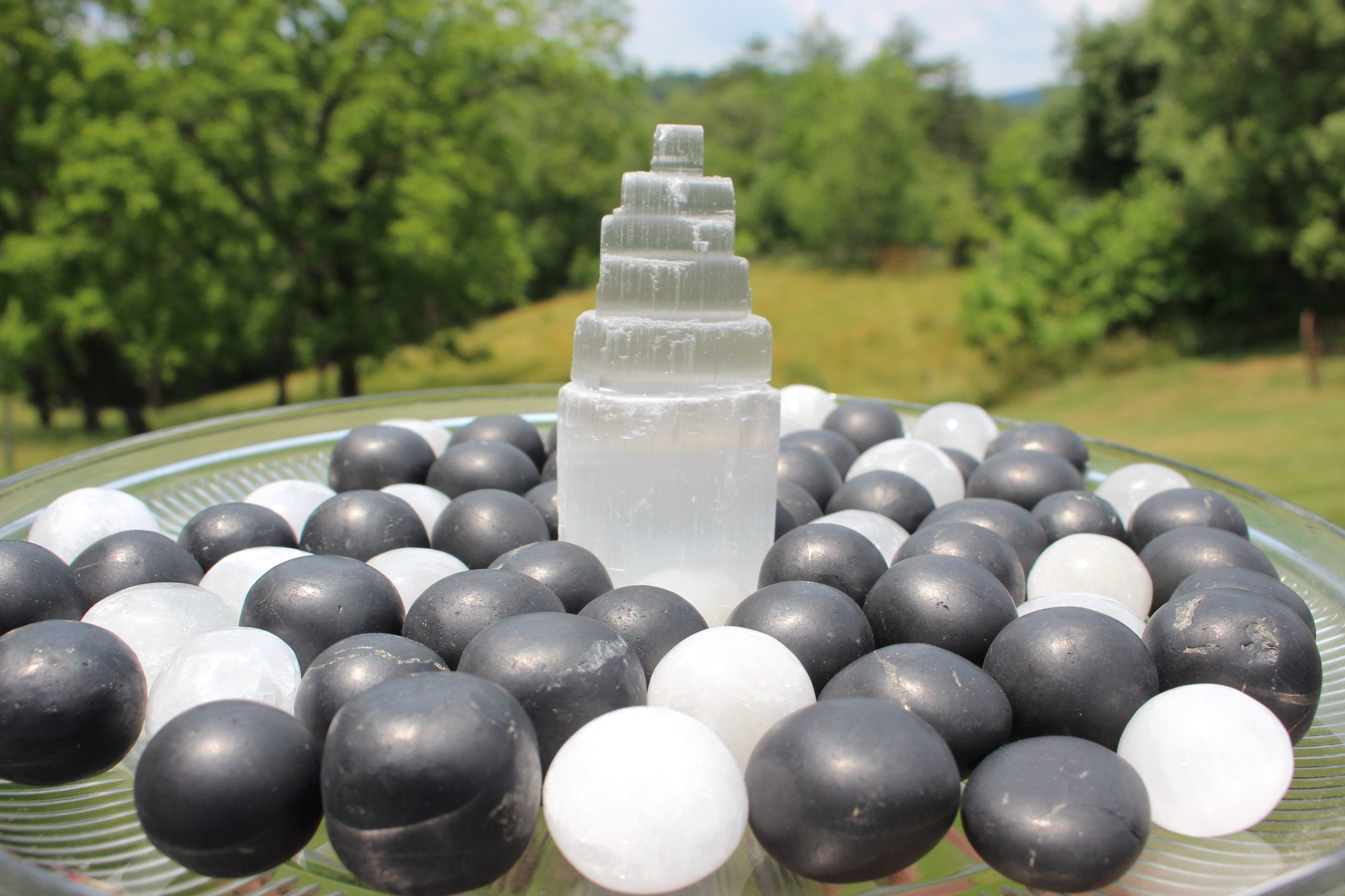 Shungite Selenite Polished Crystal Nuggets, EMF Protection, Purification, Cleansing. Two of each. Black and White, Yin and Yang!