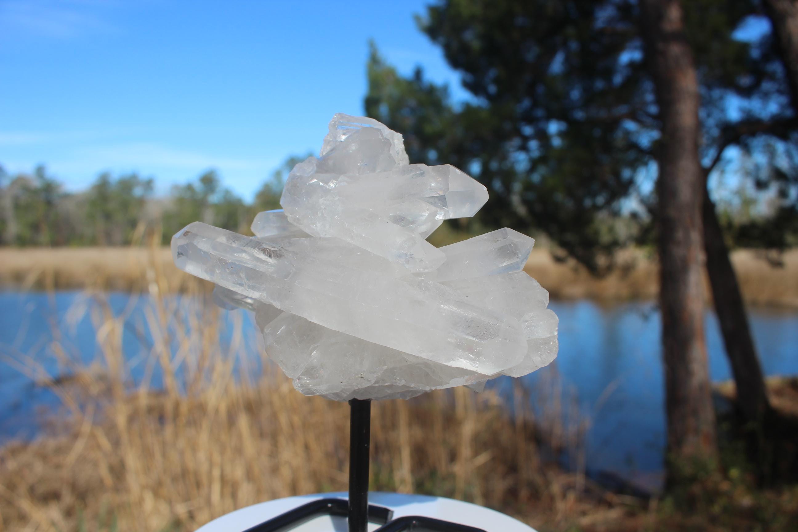 Quartz Crystal Cluster on Black Iron display stand, Clear Raw Natural Specimen. Sparkling long Terminations, Boho Home Décor, Collections!