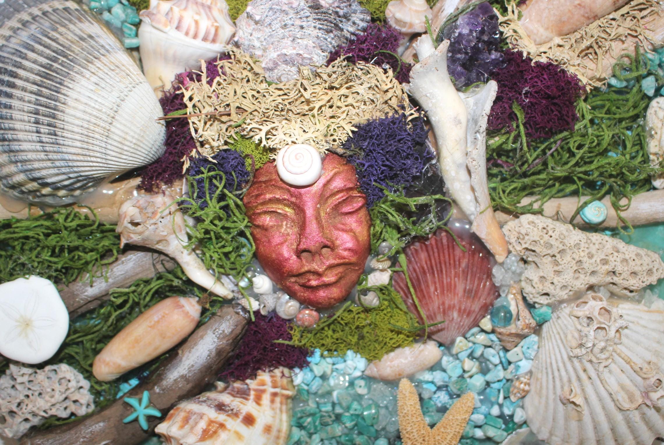 Mermaid Shell Driftwood Canvas Wall Art Décor, Original Coastal Art Collage, Mermaid Goddess, Titled Queen of the Deep 12 in.