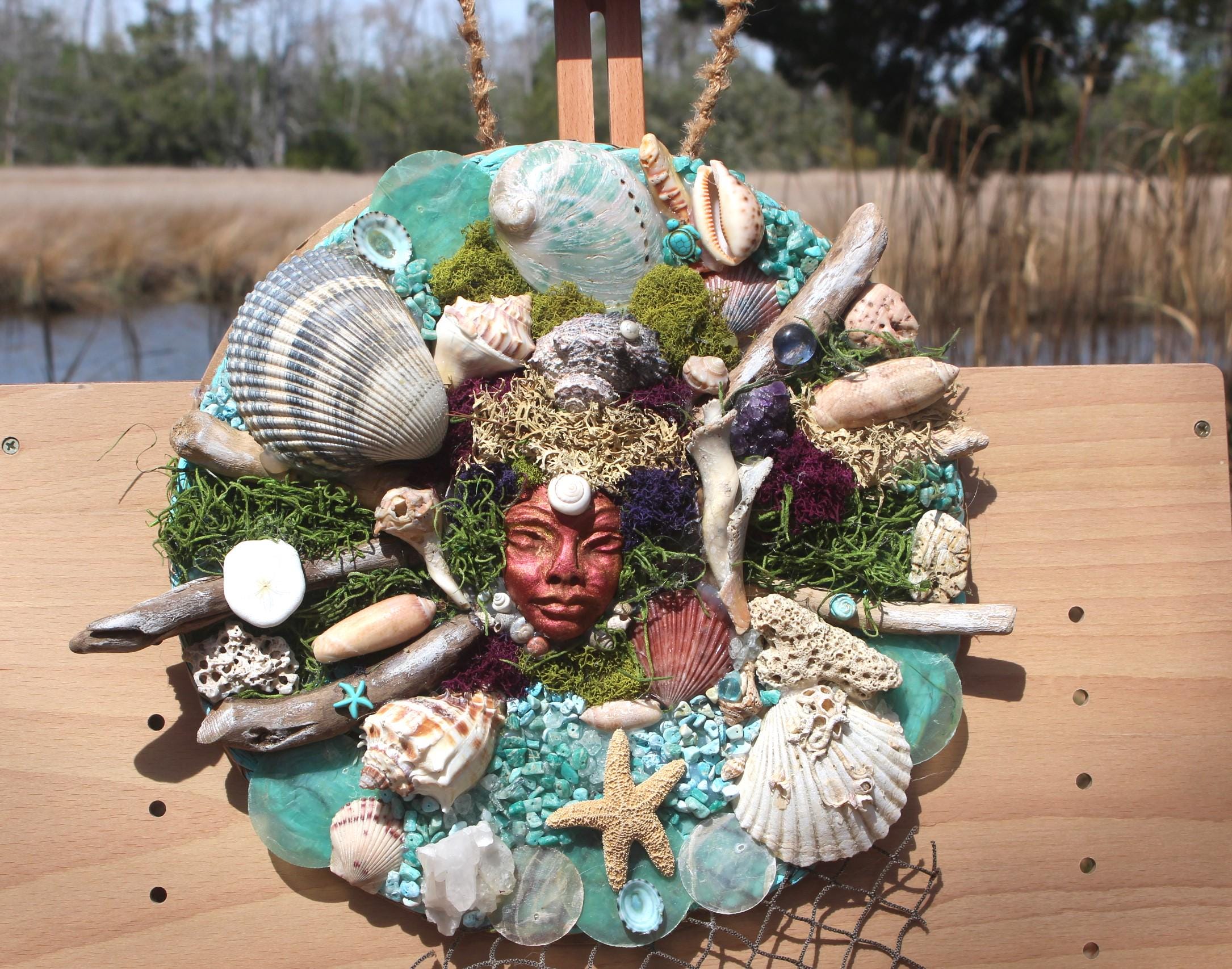 Mermaid Shell Driftwood Canvas Wall Art Décor, Original Coastal Art Collage, Mermaid Goddess, Titled Queen of the Deep 12 in.