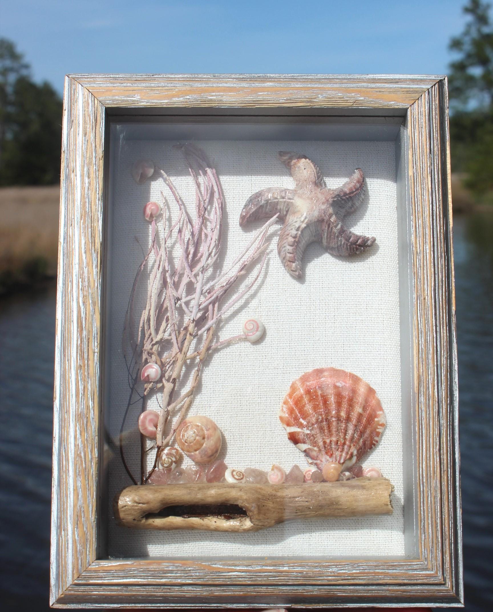 Ocean Theme Shadow Box, Handmade Shell Driftwood Coastal Home Décor. Weathered Wood Frame.