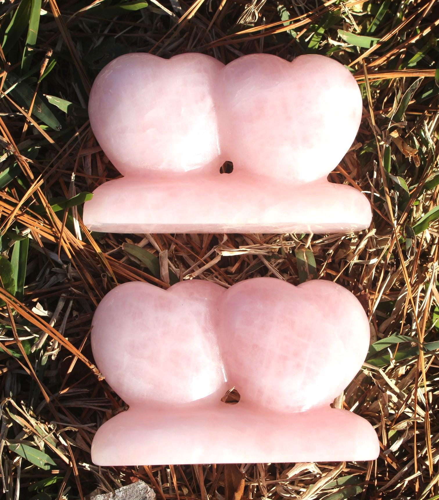 Large Double Rose Quartz Heart Gift, Sweet Carved Pink Quartz Gemstone, Gift for someone special. Very Nice Polish!