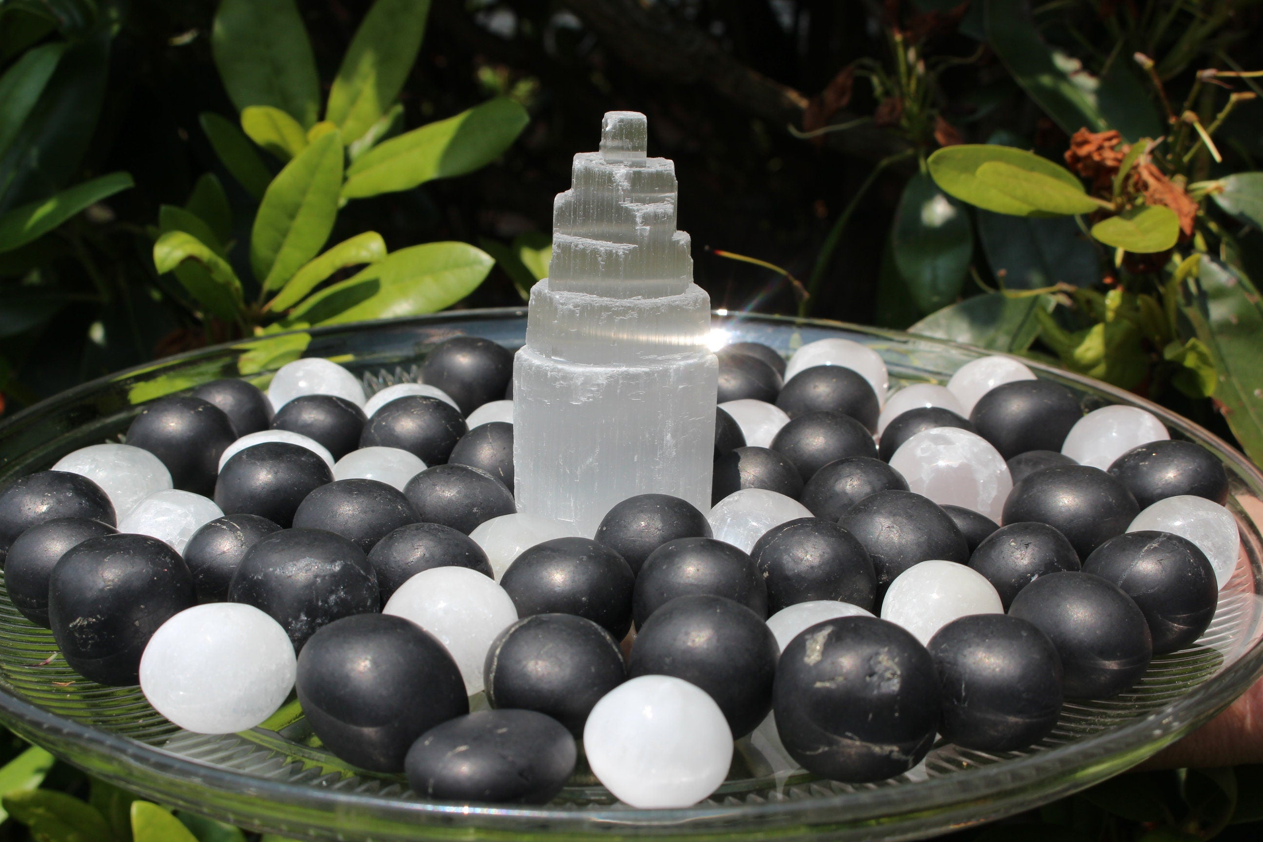 Shungite Selenite Polished Crystal Nuggets, EMF Protection, Purification, Cleansing. Two of each. Black and White, Yin and Yang!