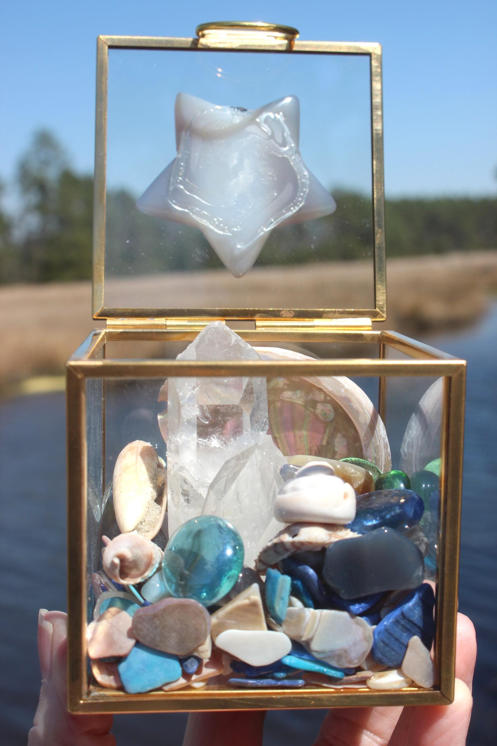 Mermaid Treasure Trove Quartz & Shell Crystal Terrarium Box, Star Agate, Crystals, Abalone Shell, Nature Relaxation Gift, Beachy Vibe Décor