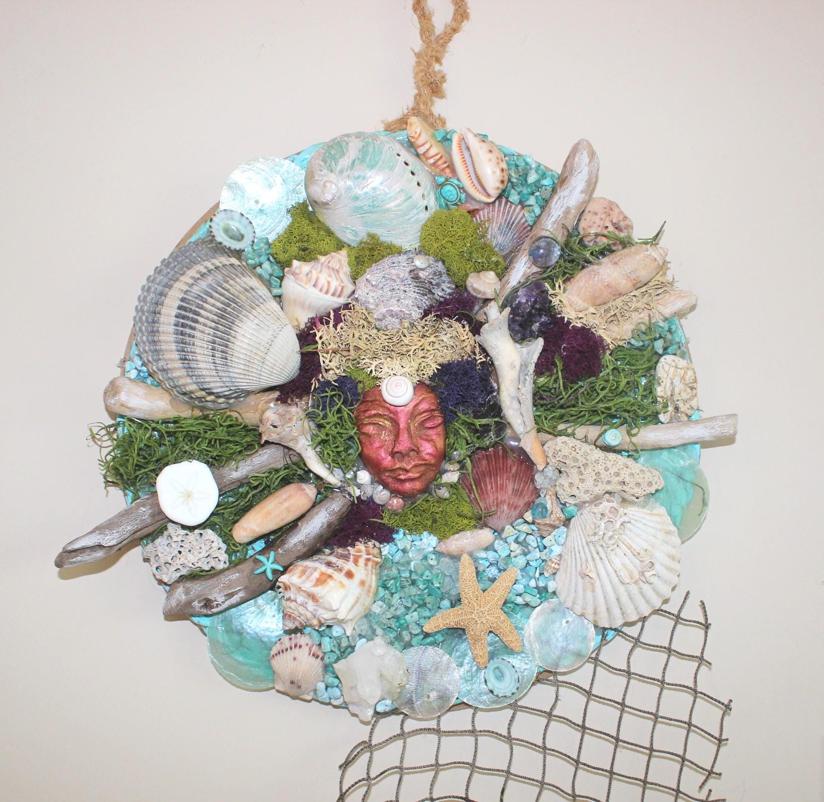 Mermaid Shell Driftwood Canvas Wall Art Décor, Original Coastal Art Collage, Mermaid Goddess, Titled Queen of the Deep 12 in.