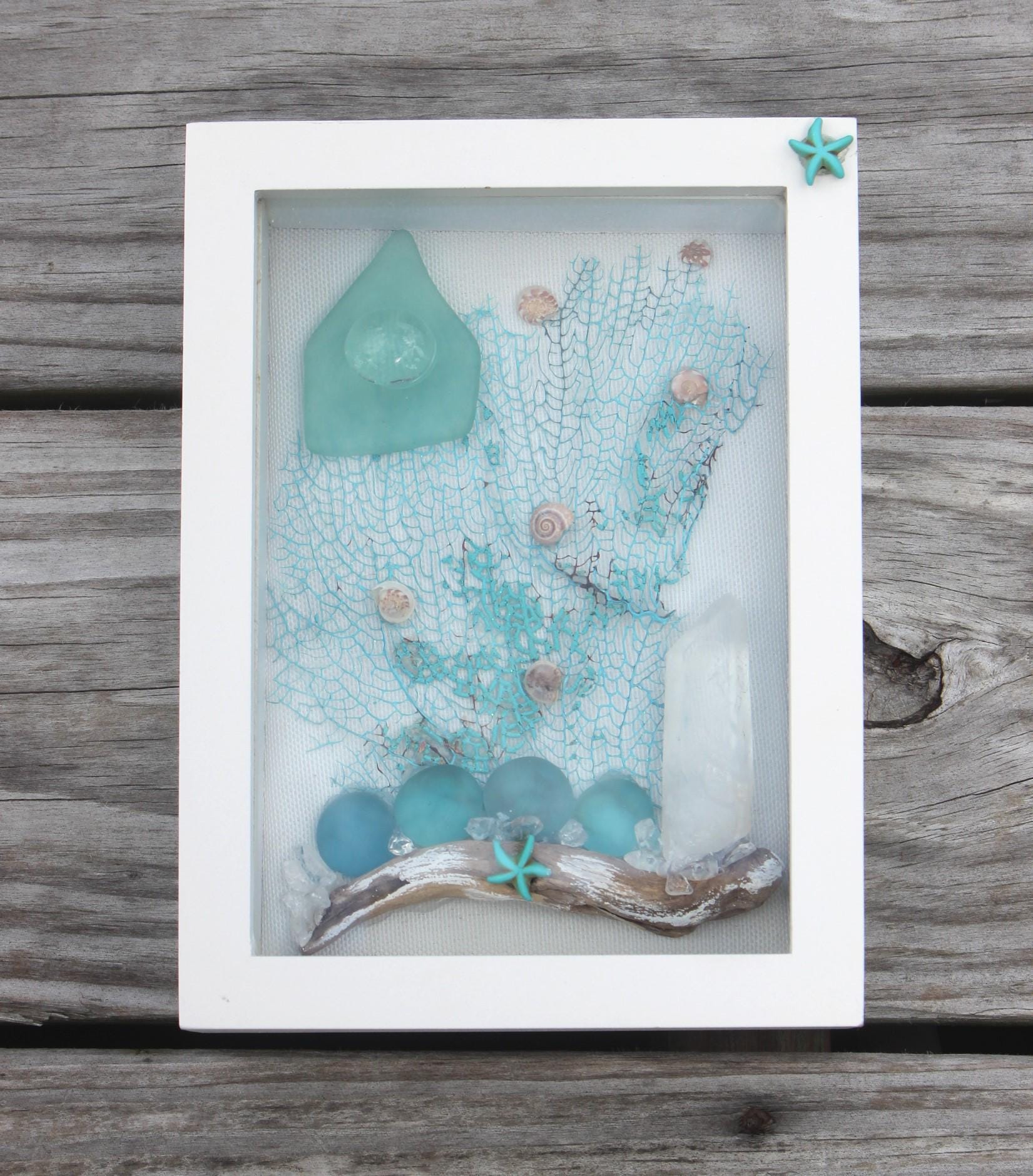 Ocean Themed Shadow Box, Handmade Shell Driftwood Coastal Home Décor. Island Life Art. Teal Sea Fan- Quartz Crystal Wall Décor, Sea Glass Art.