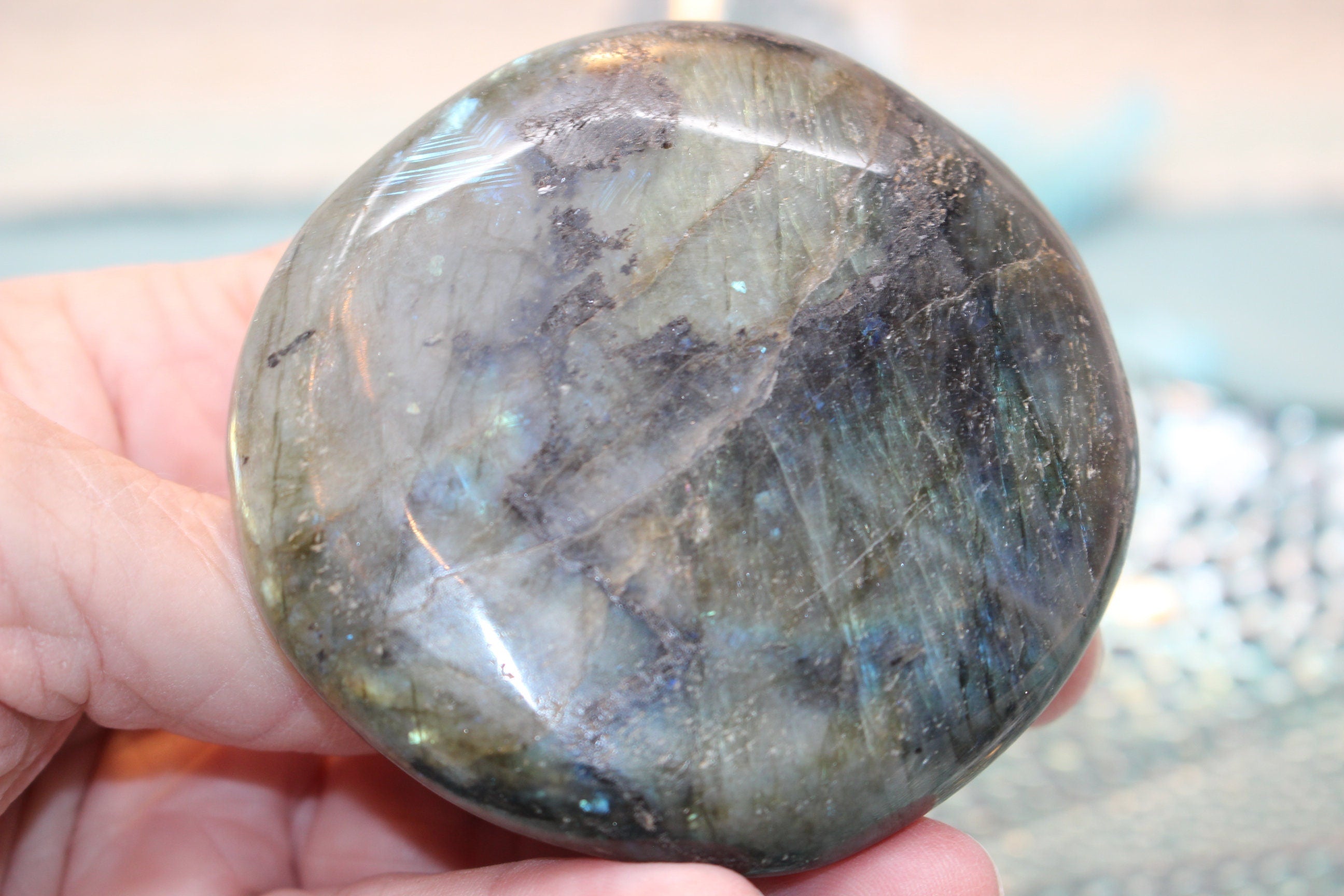 Labradorite Palm Stone, Blue Flash Polished Gemstone, Large Specimen of Labradorite Rock.6.1 oz.