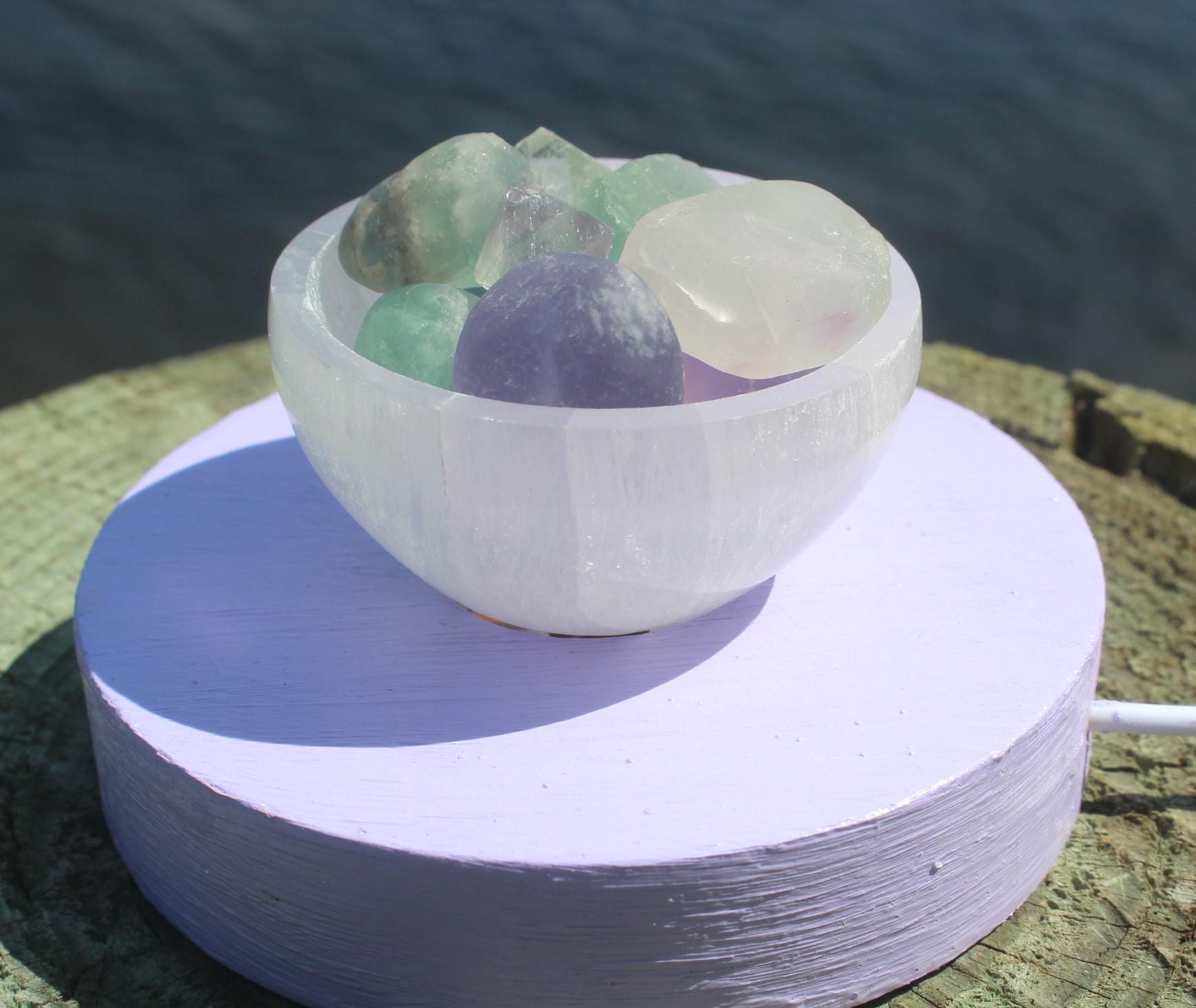 Lavender Fluorite Selenite Night Light, Polished Gemstones, Hand Painted Base, LED Lite w/ USB plug. Crystal Home Décor.