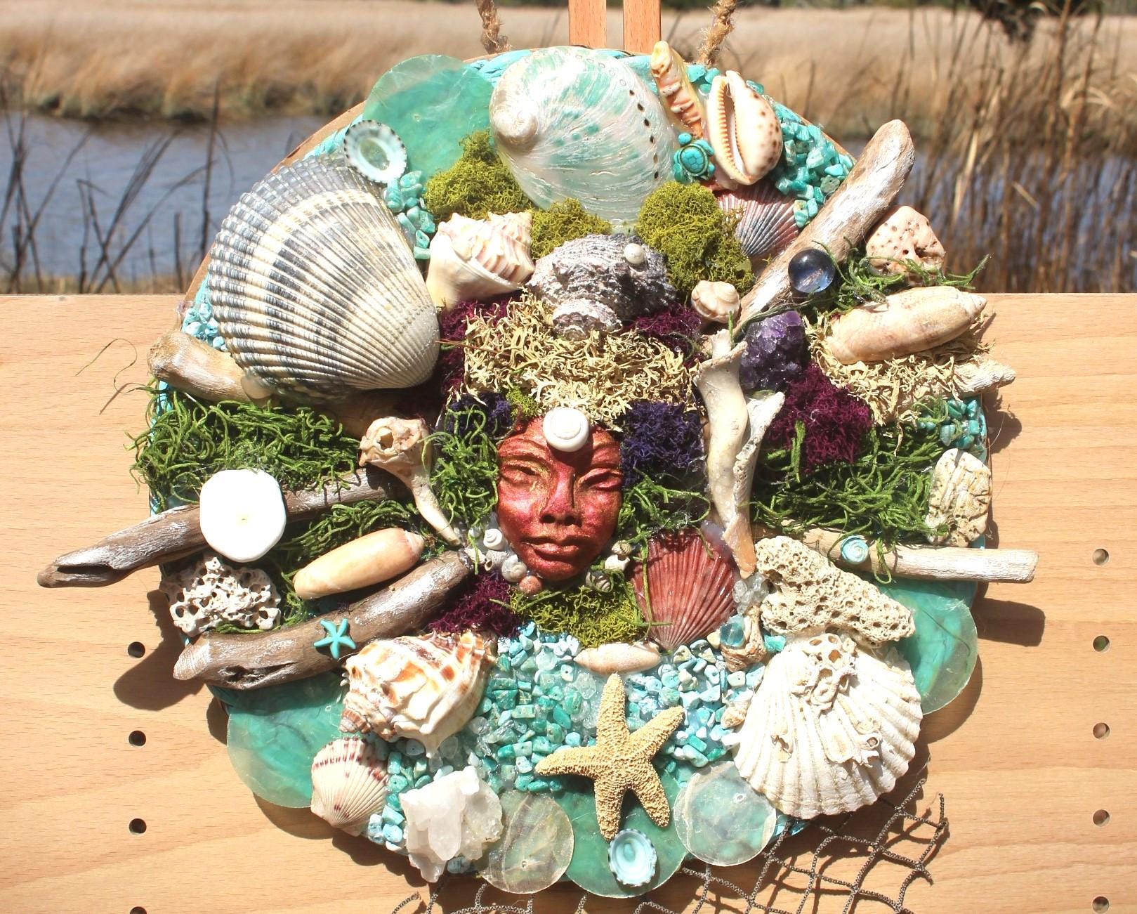 Mermaid Shell Driftwood Canvas Wall Art Décor, Original Coastal Art Collage, Mermaid Goddess, Titled Queen of the Deep 12 in.