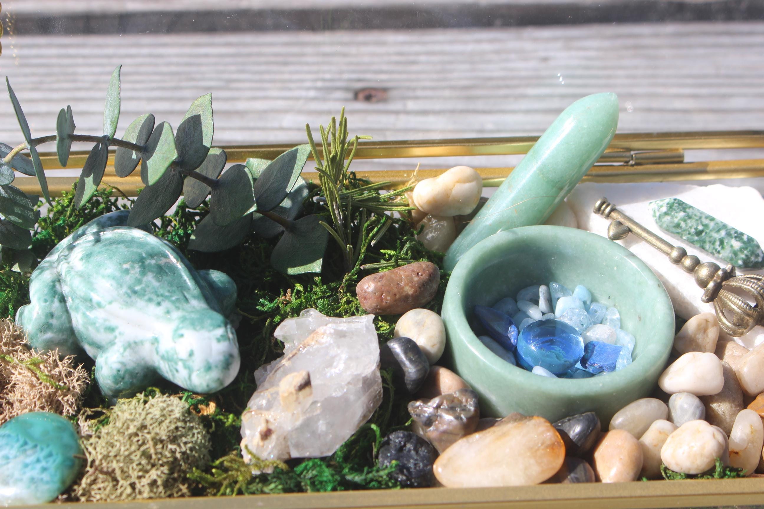 Crystal Forrest Garden Terrarium Treasure Box, Nature Relaxation Gift, Moss Agate Frog, Quartz Crystal-Jade Water Bowl-Moss, Aventurine!