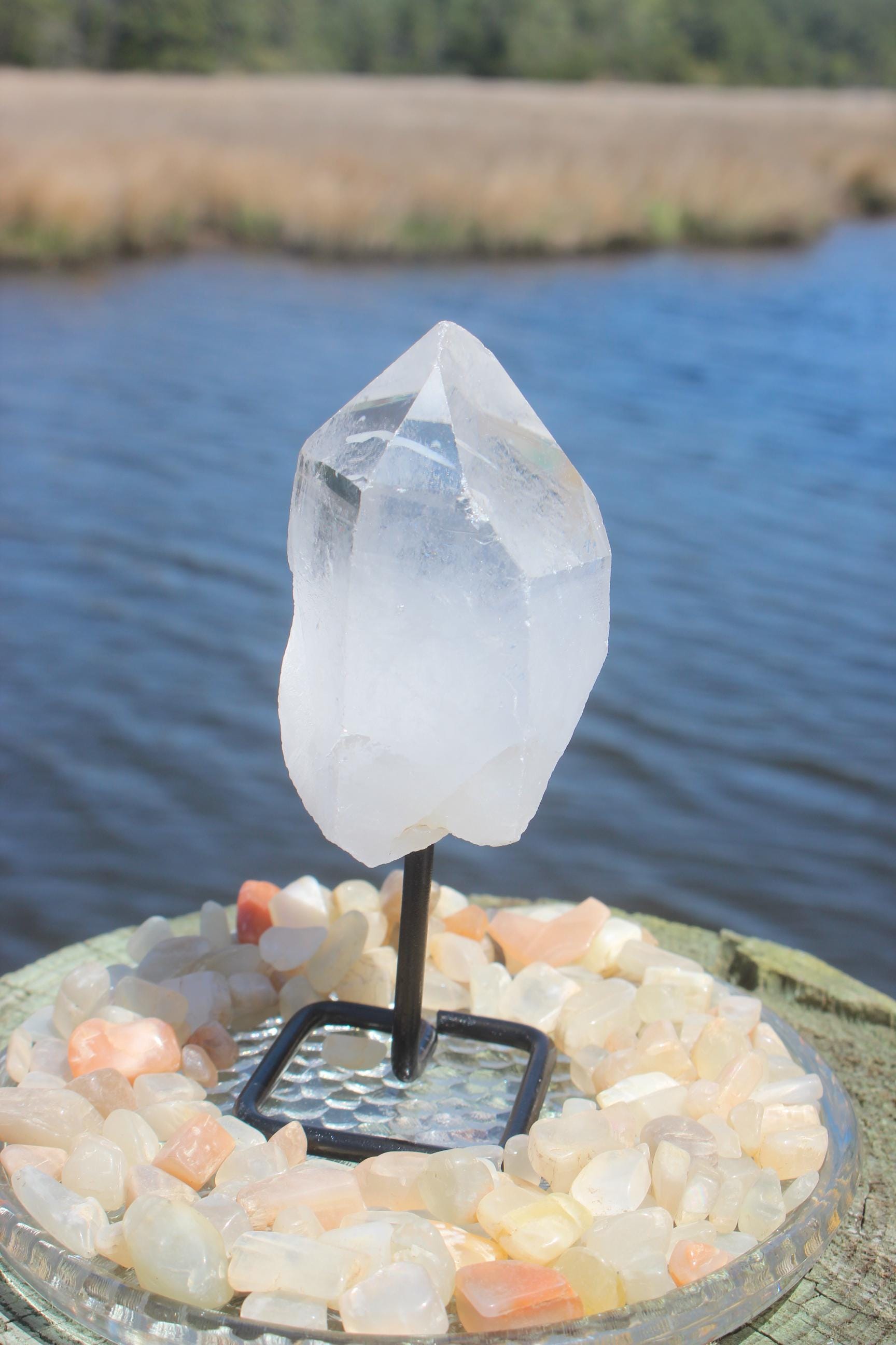 Large Quartz Crystal Cluster Point on Black Iron Display Stand, Raw Natural Specimen. Boho Home Décor, Yoga Meditation Rooms, Collections!