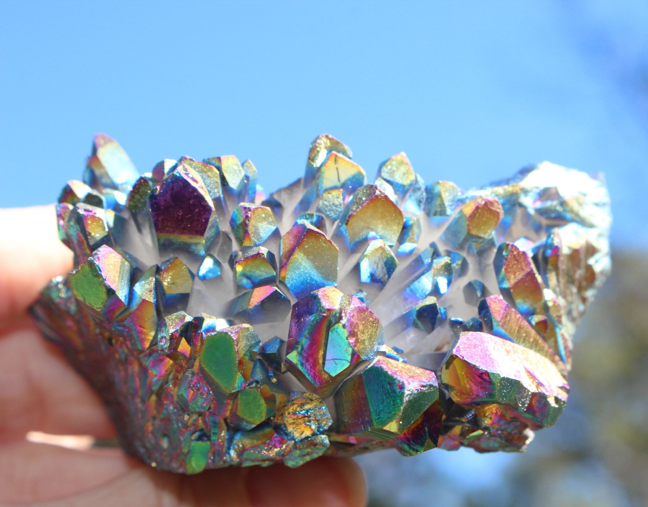 Titanium Aura Quartz Crystal Cluster, Large Rainbow Flame Angel Aura Quartz, Galactic Metallic Collectible. Free Shipping!