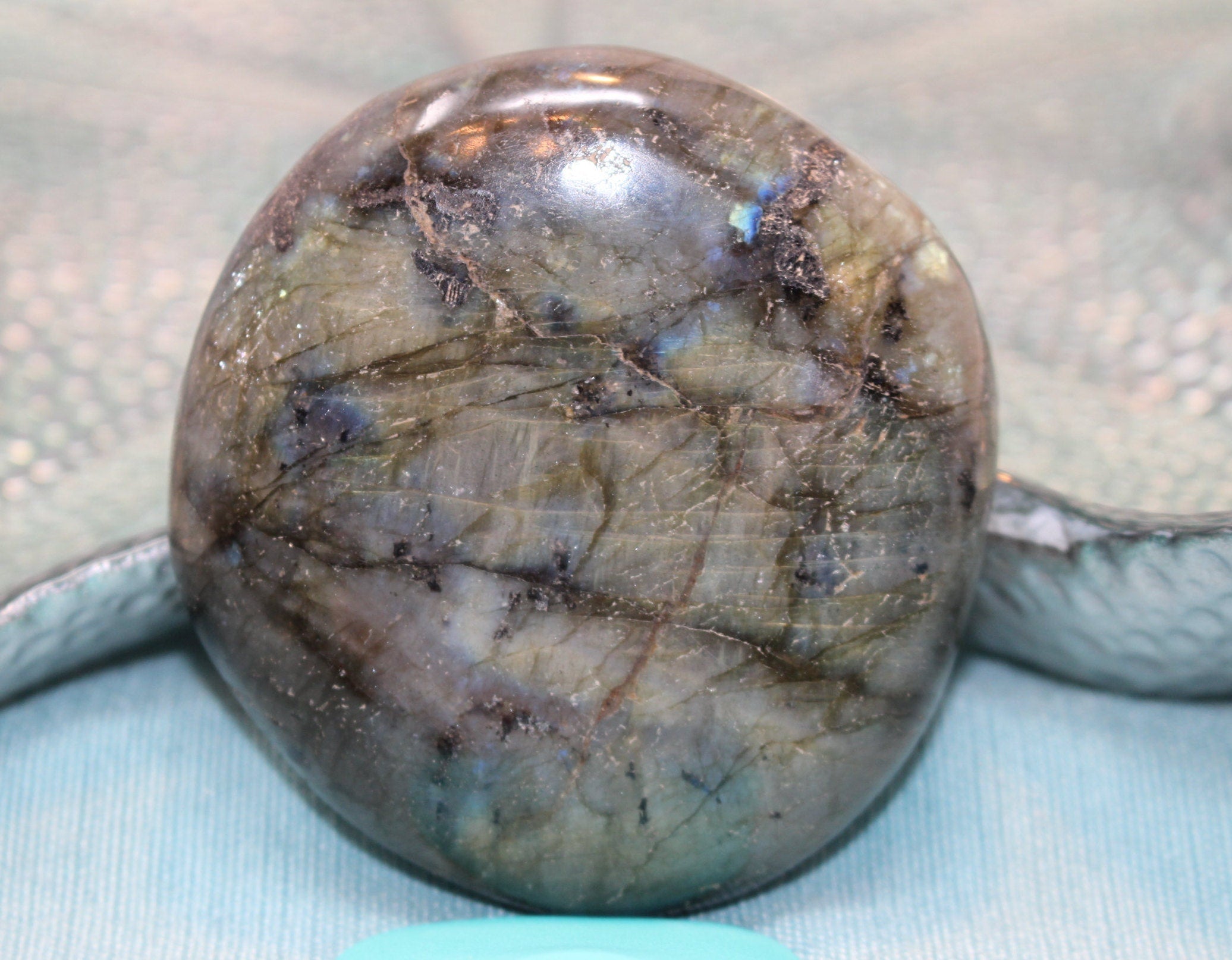 Labradorite Palm Stone, Blue Flash Polished Gemstone, Large Specimen of Labradorite Rock.6.1 oz.