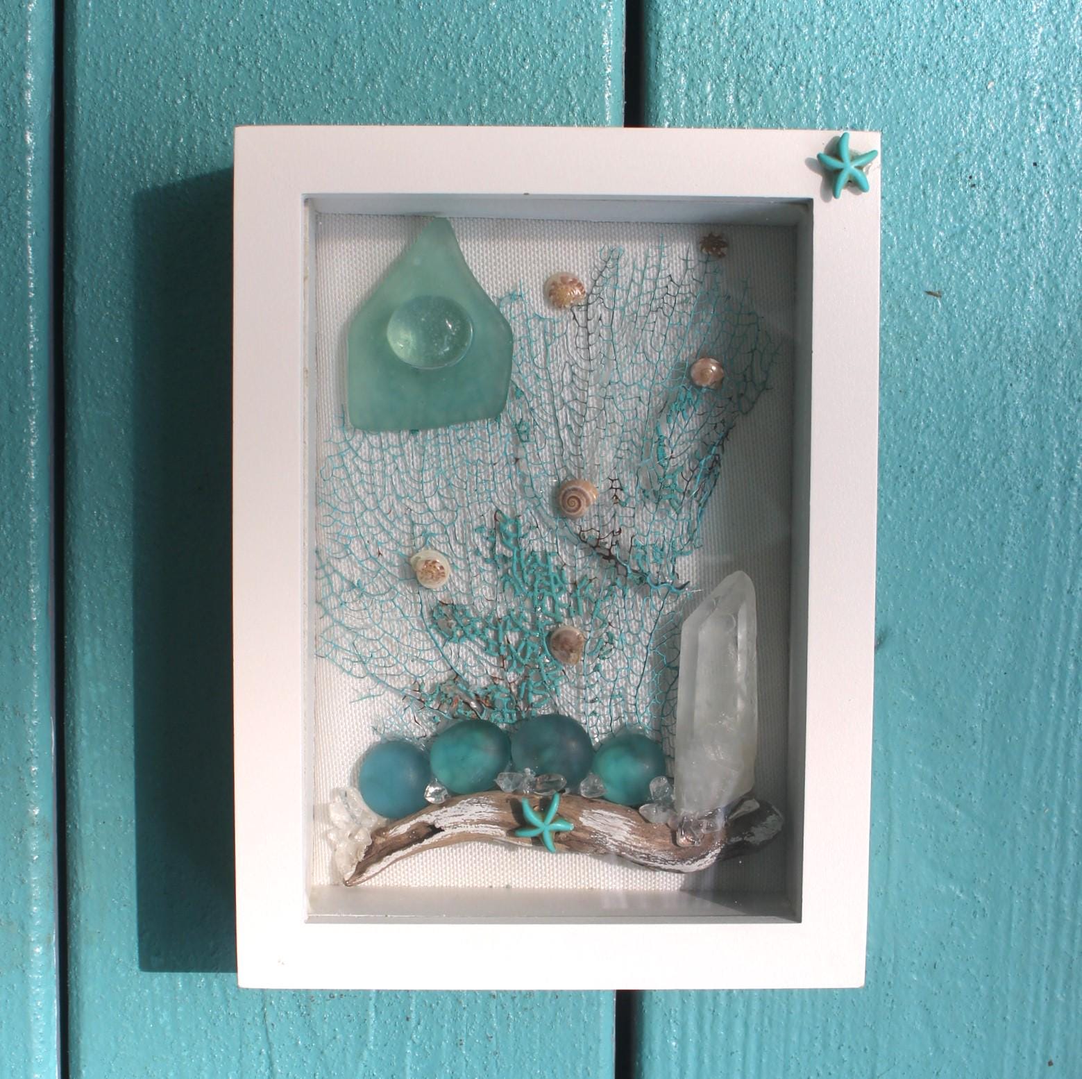 Ocean Themed Shadow Box, Handmade Shell Driftwood Coastal Home Décor. Island Life Art. Teal Sea Fan- Quartz Crystal Wall Décor, Sea Glass Art.