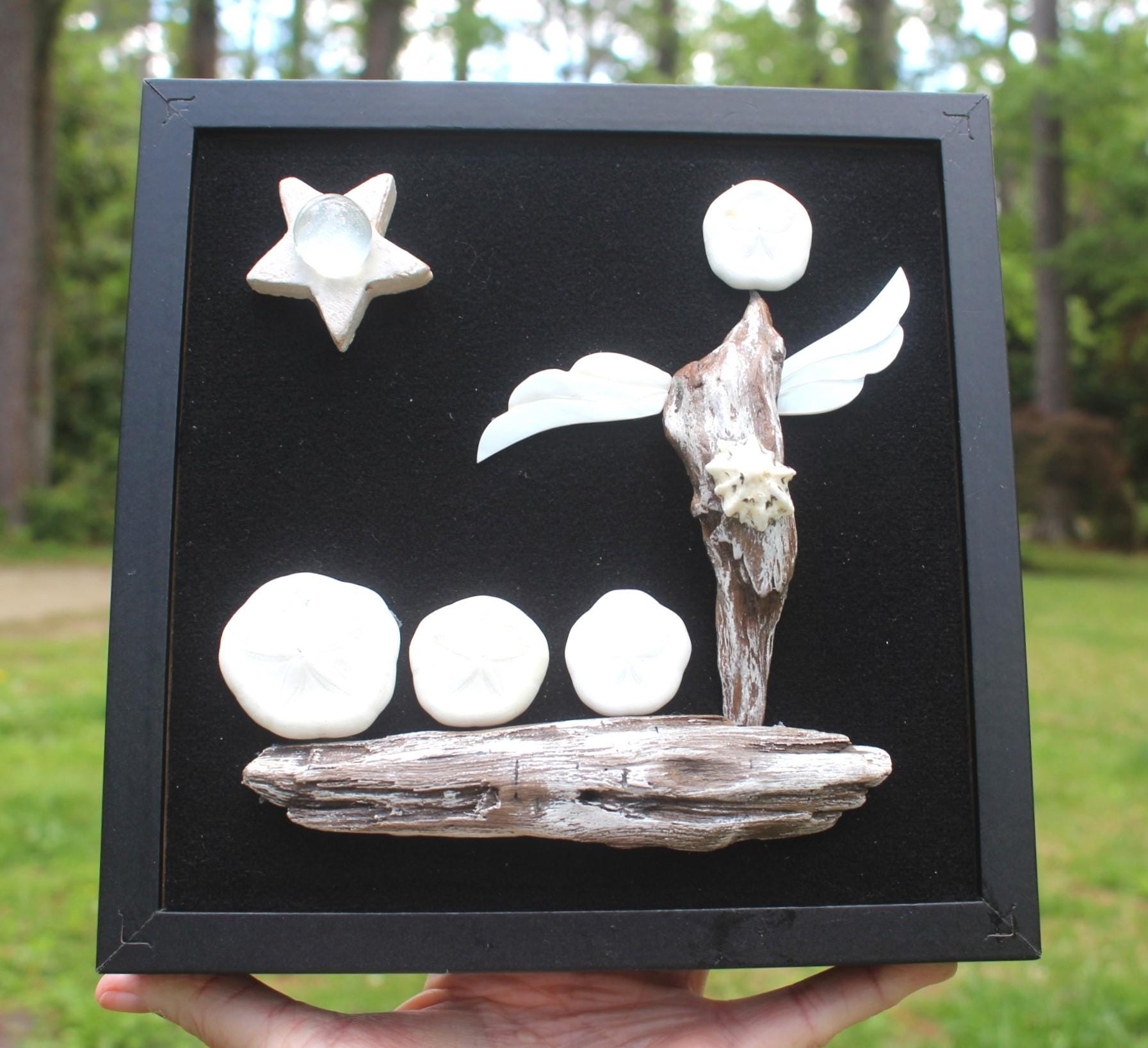 Nautical Themed Shadow Box, Handmade Shell Driftwood Inspirational Art. Sailboat with Angel Wings, Black and White Wall Décor.