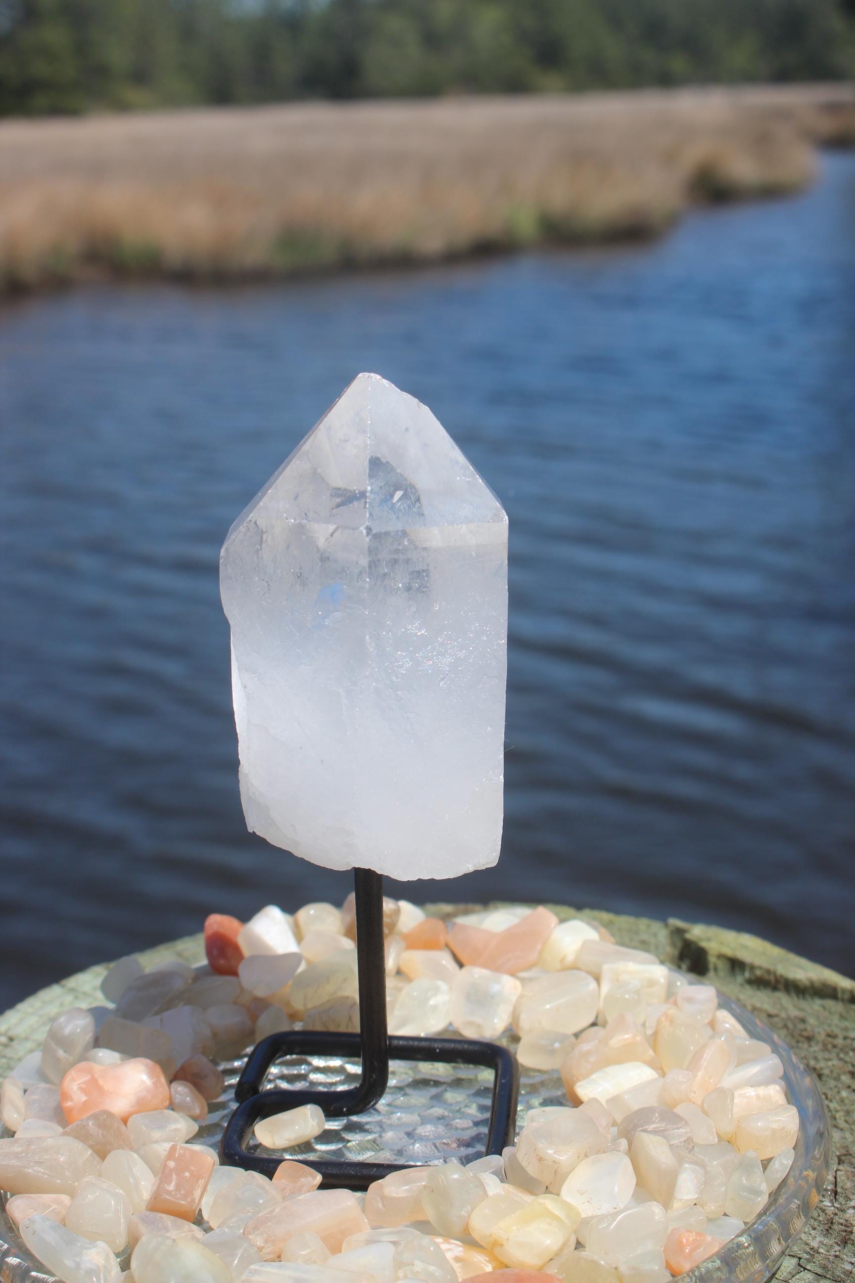 Large Quartz Crystal Cluster Point on Black Iron Display Stand, Raw Natural Specimen. Boho Home Décor, Yoga Meditation Rooms, Collections!