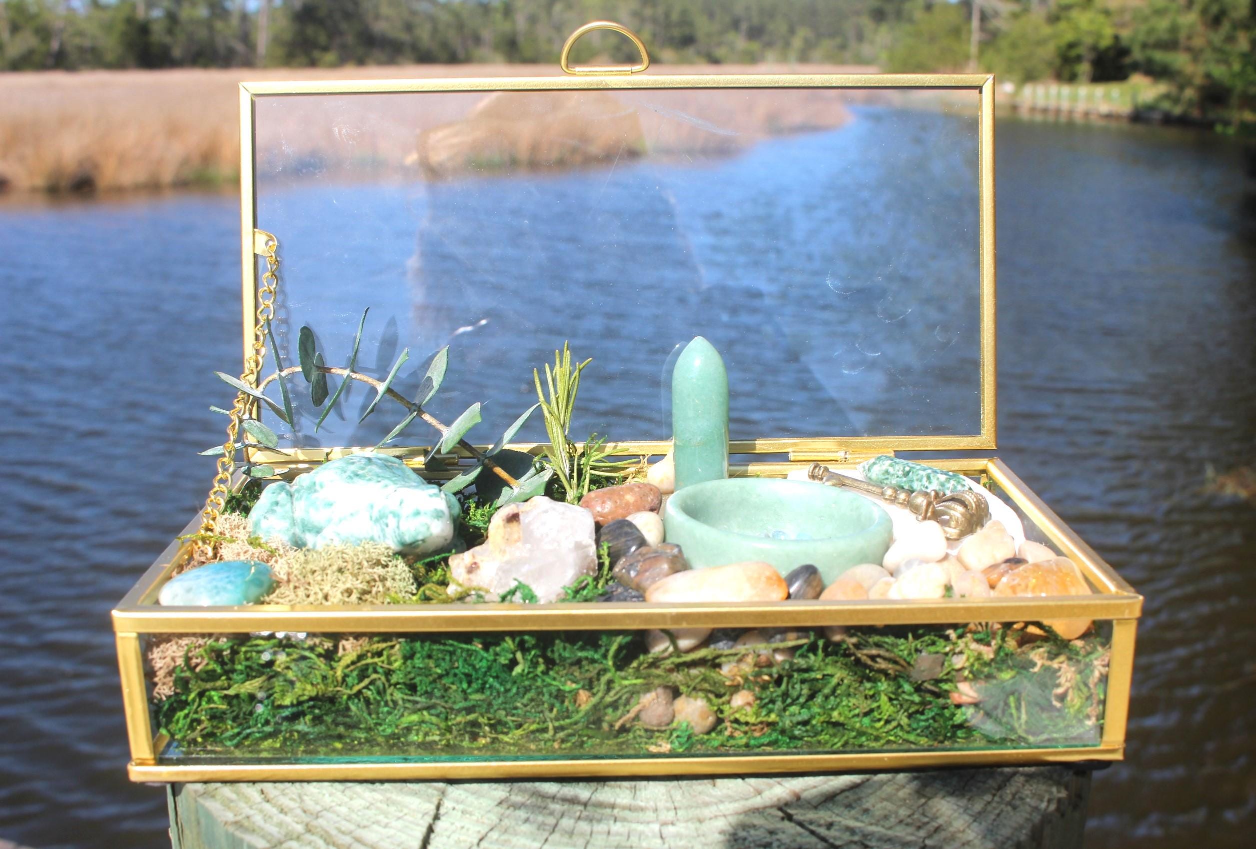 Crystal Forrest Garden Terrarium Treasure Box, Nature Relaxation Gift, Moss Agate Frog, Quartz Crystal-Jade Water Bowl-Moss, Aventurine!
