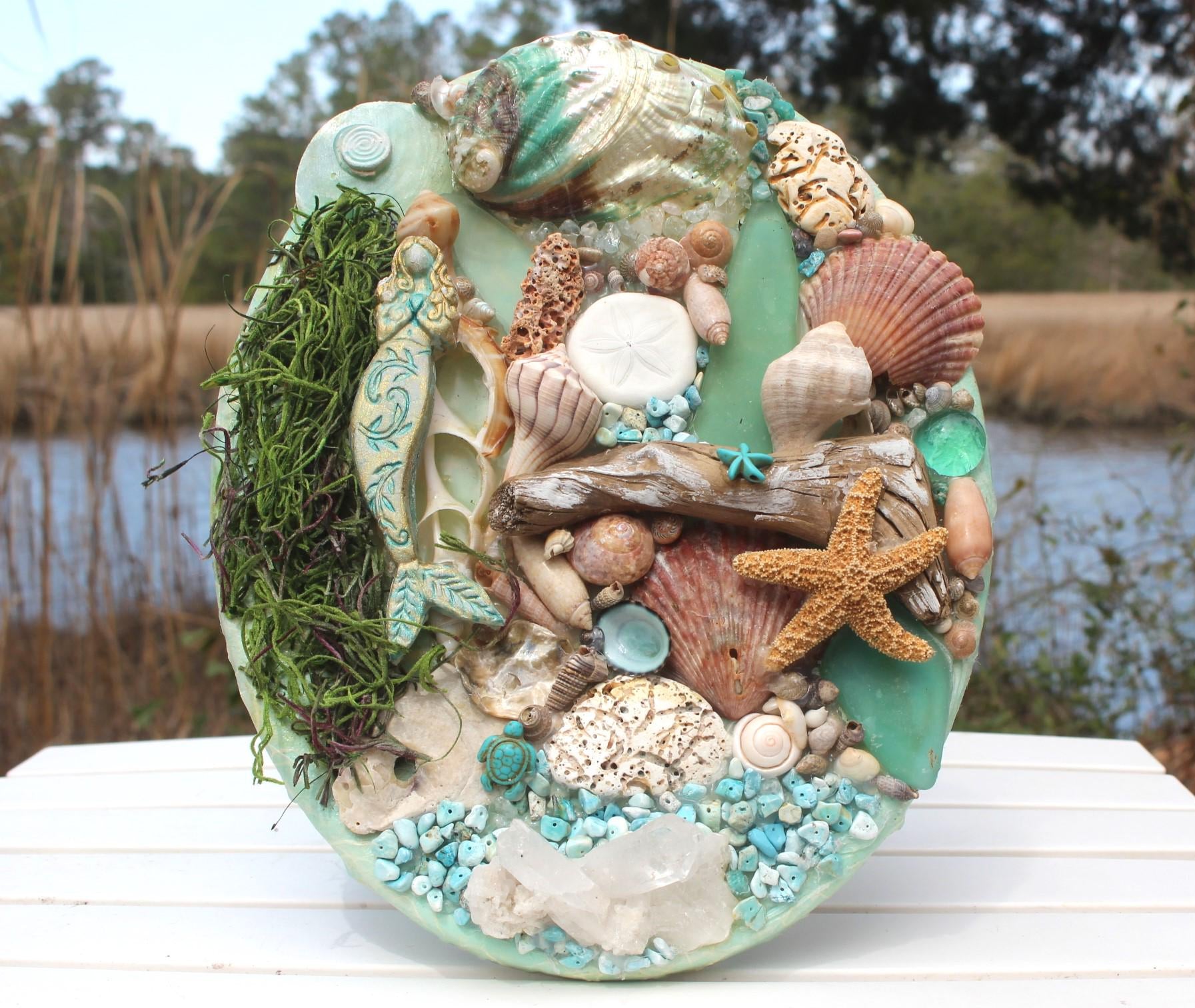 Shell Canvas Wall Art Décor, Original Mermaid Ocean Art w/ Driftwood, Handmade Island Life Sea Collage, Titled Maiden Voyage. 8 by 10 inch.