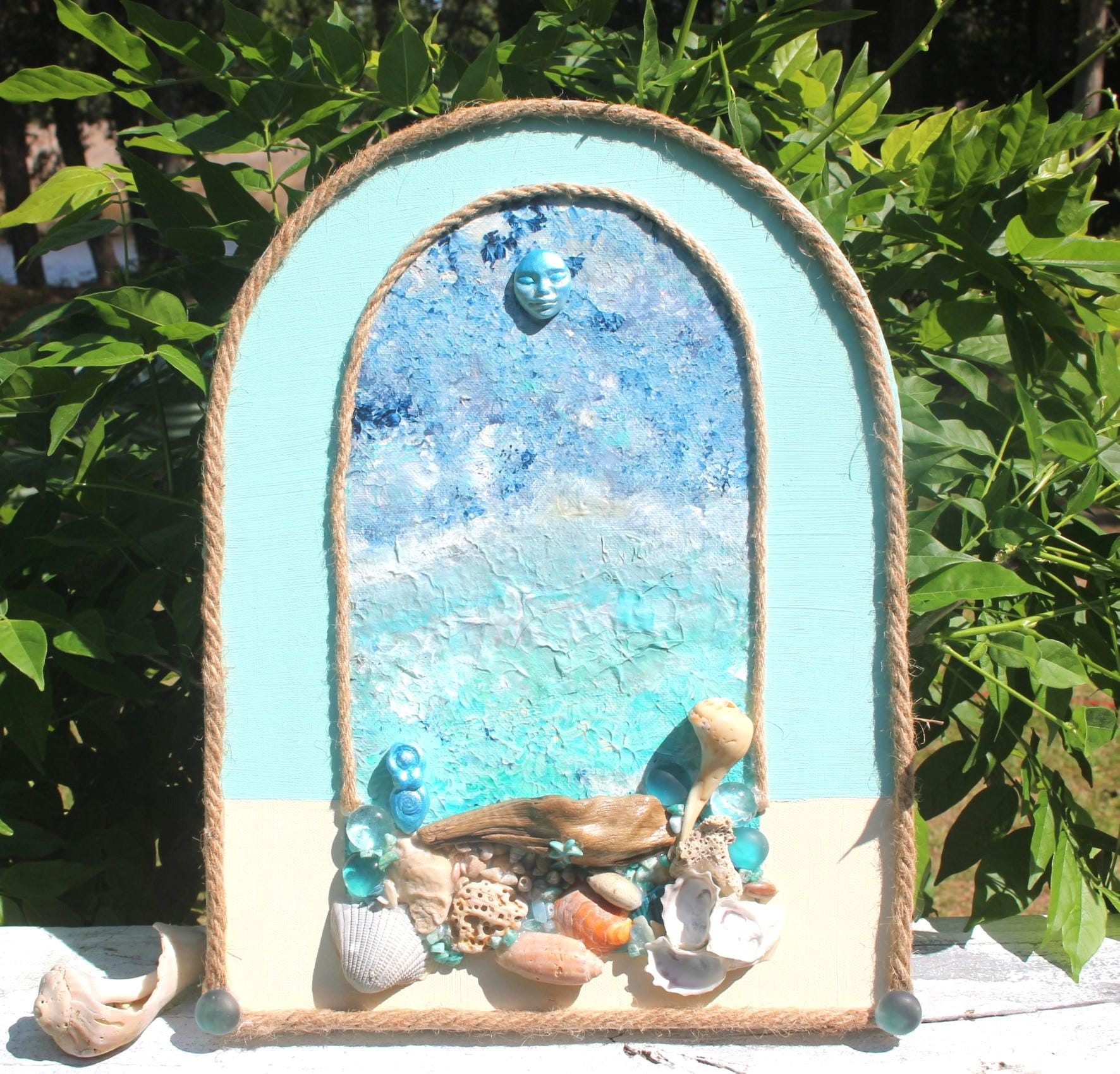 Coastal Décor Painted Wall Art Canvas, Original Ocean Art Collage, Handmade Island Life , Beach Aesthetic Vintage Style, Small Clay Mermaid.