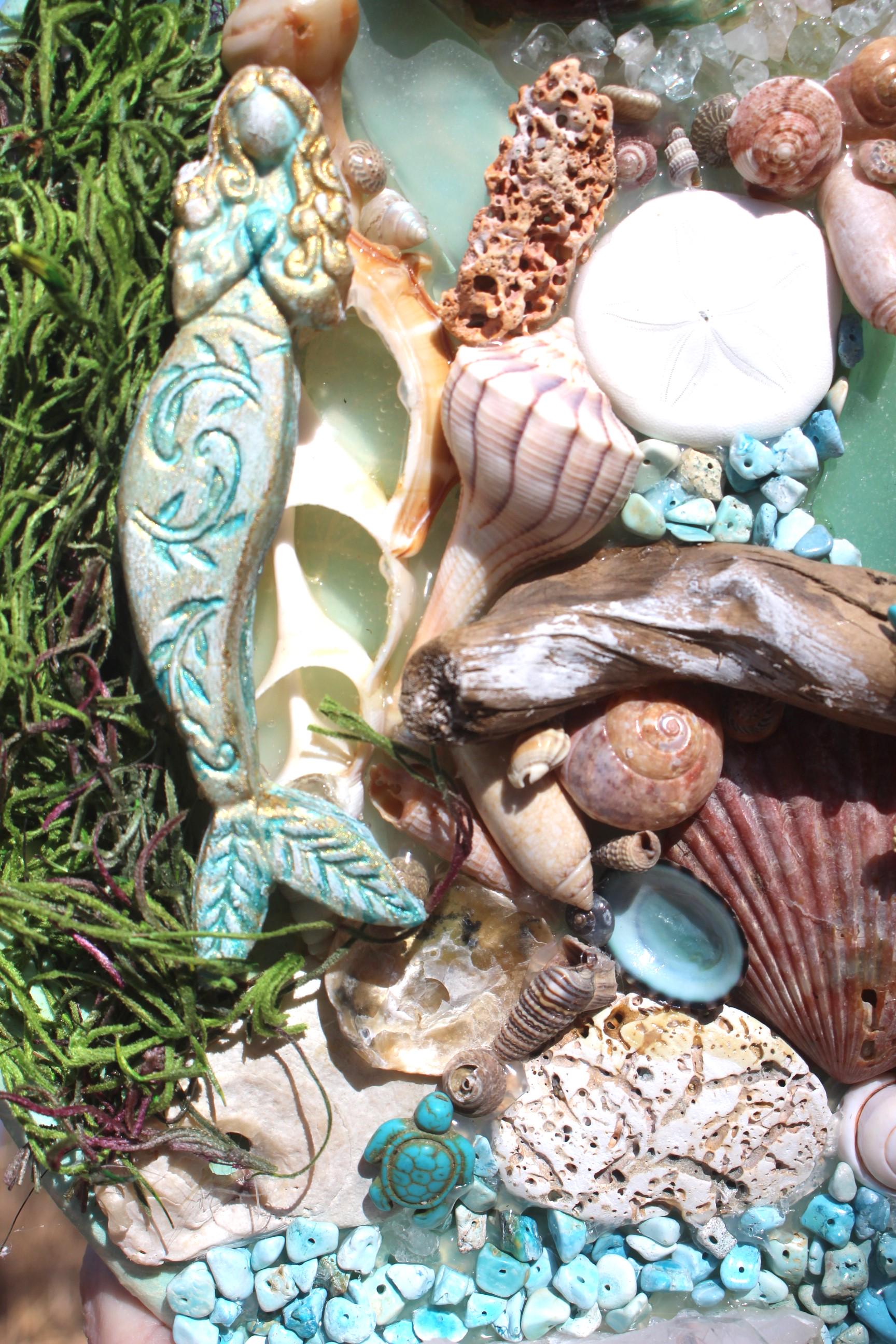 Shell Canvas Wall Art Décor, Original Mermaid Ocean Art w/ Driftwood, Handmade Island Life Sea Collage, Titled Maiden Voyage. 8 by 10 inch.